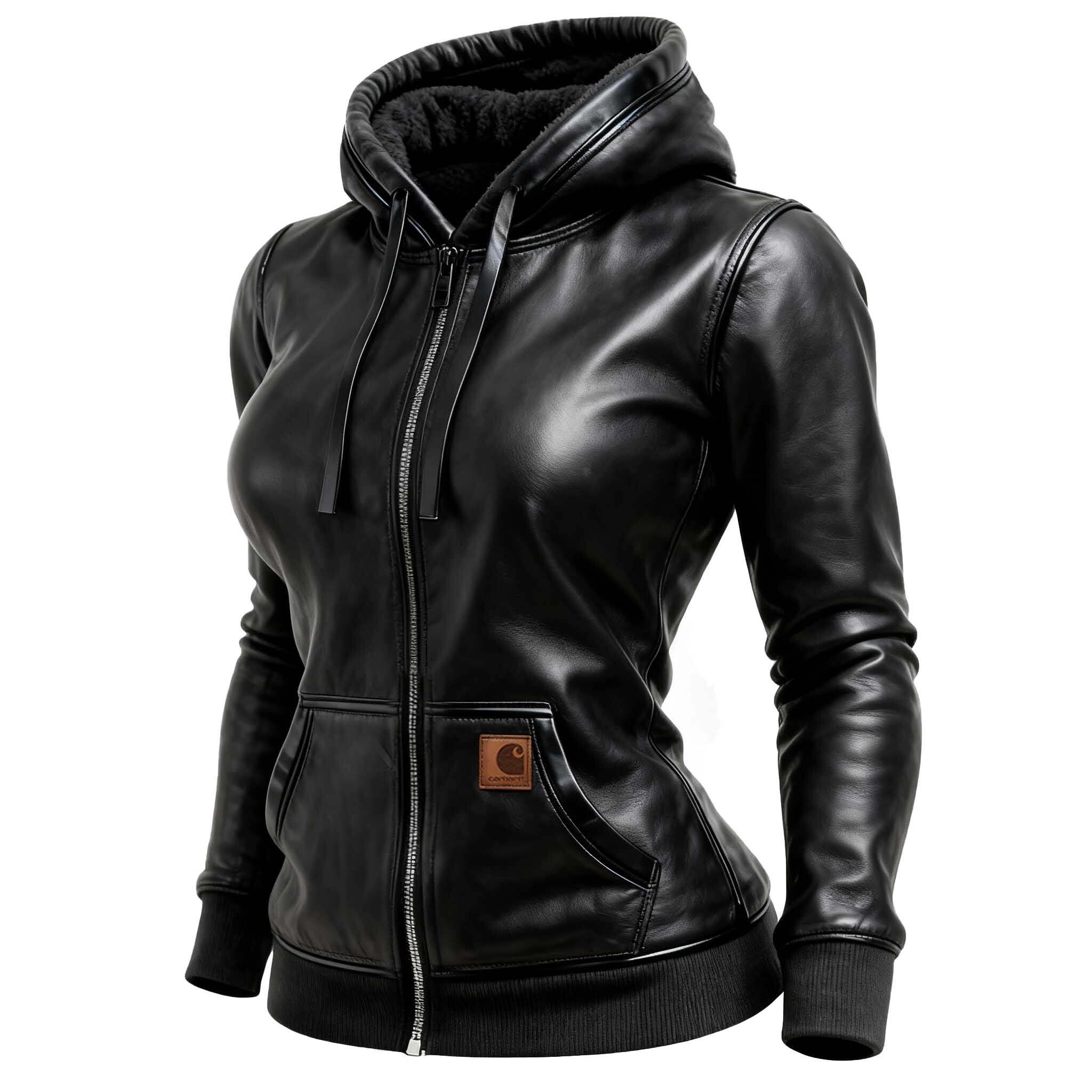 Women's Vintage Black Leather Fleece Pocket Hooded Jacket