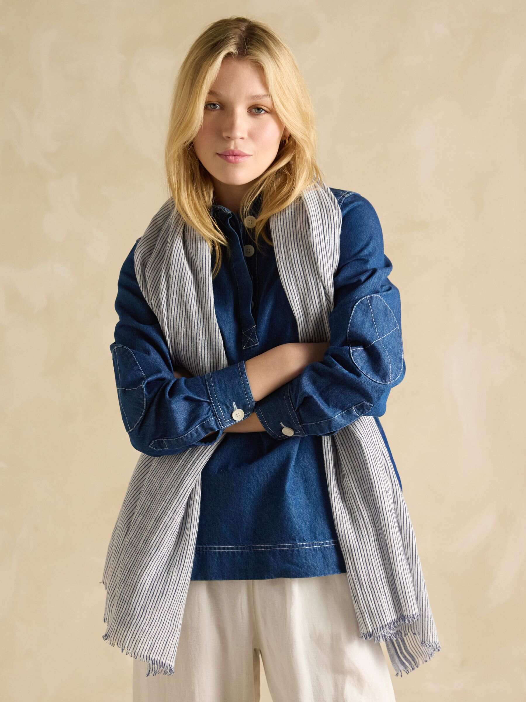 Orla Cream/Navy Lightweight Cotton Scarf