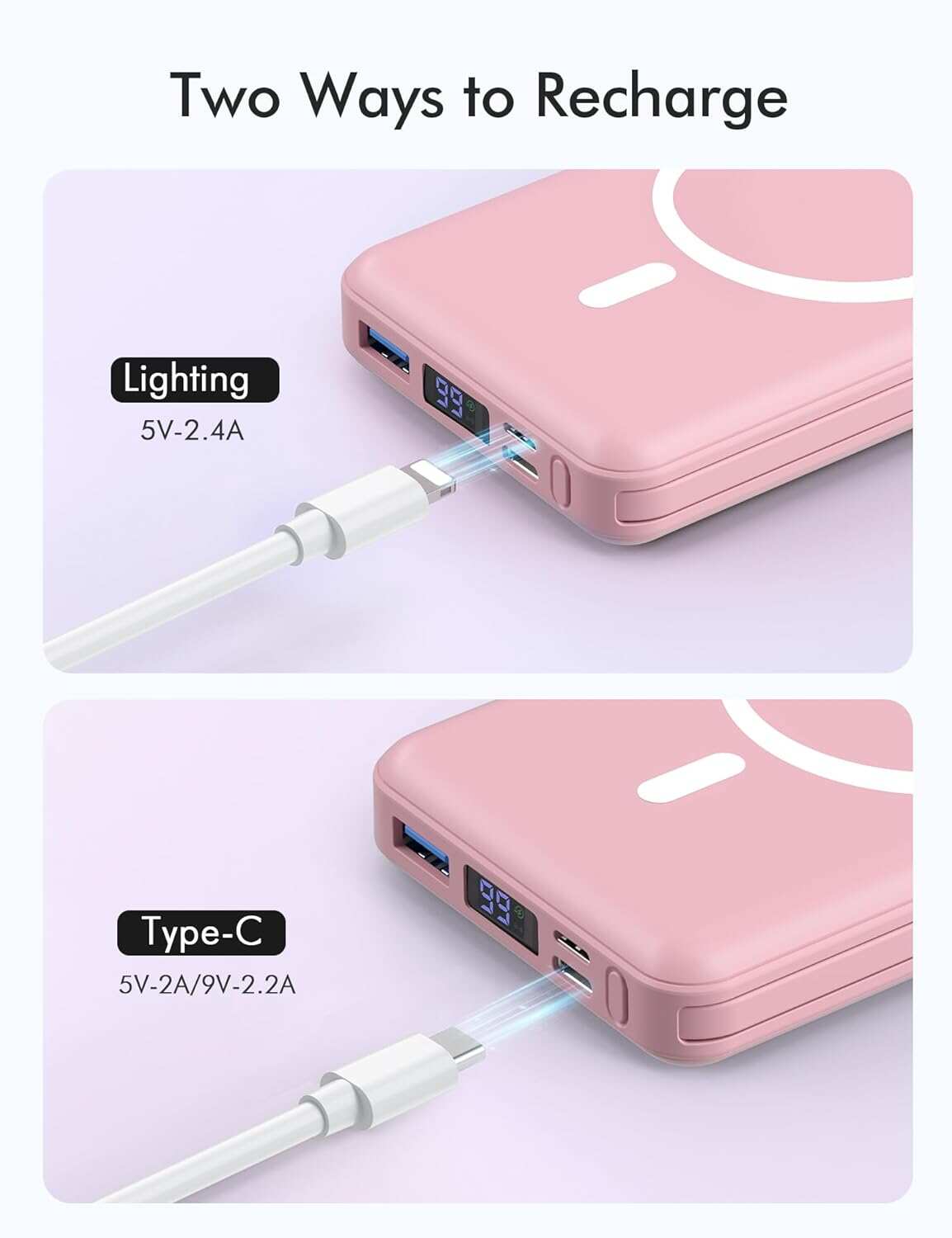 podoru Wireless Portable Charger, 10000mAh Magnetic Power Bank Built-in USB-C Lighting Cables 22.5W PD Fast Charging LED Display Mag-Safe Battery Pack for iPhone 15/14/13/12/Mini/Pro/Pro Max - White