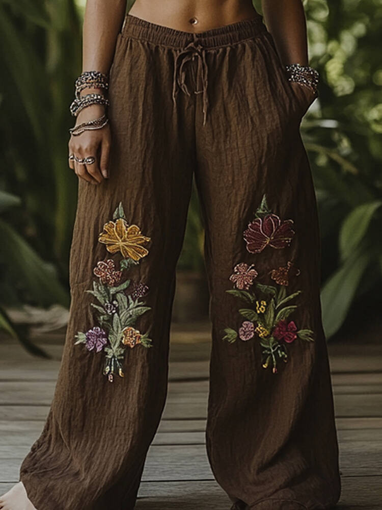 Vintage Bohemian Forest Floral Art Printed Cotton Linen Wide Leg Pants