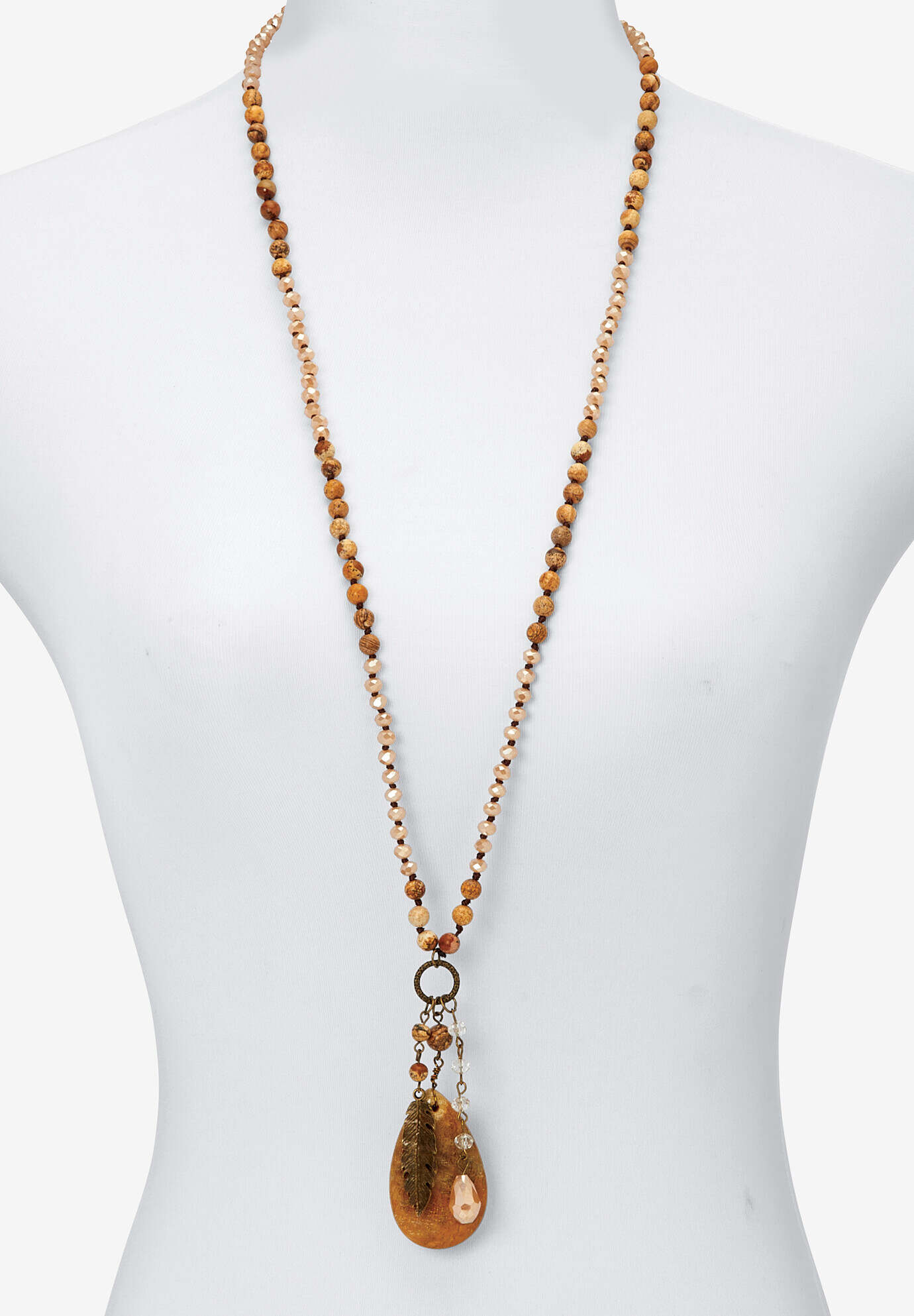 Genuine Jasper Antiqued Goldtone Boho Drop Necklace, 34 Inches