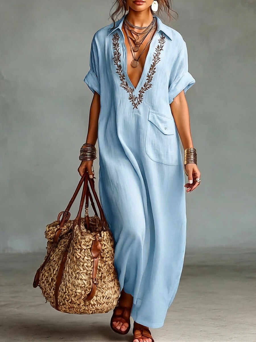 🔥Summer Arrivals🌟Loose-fitting V-neck Linen And Cotton Dress