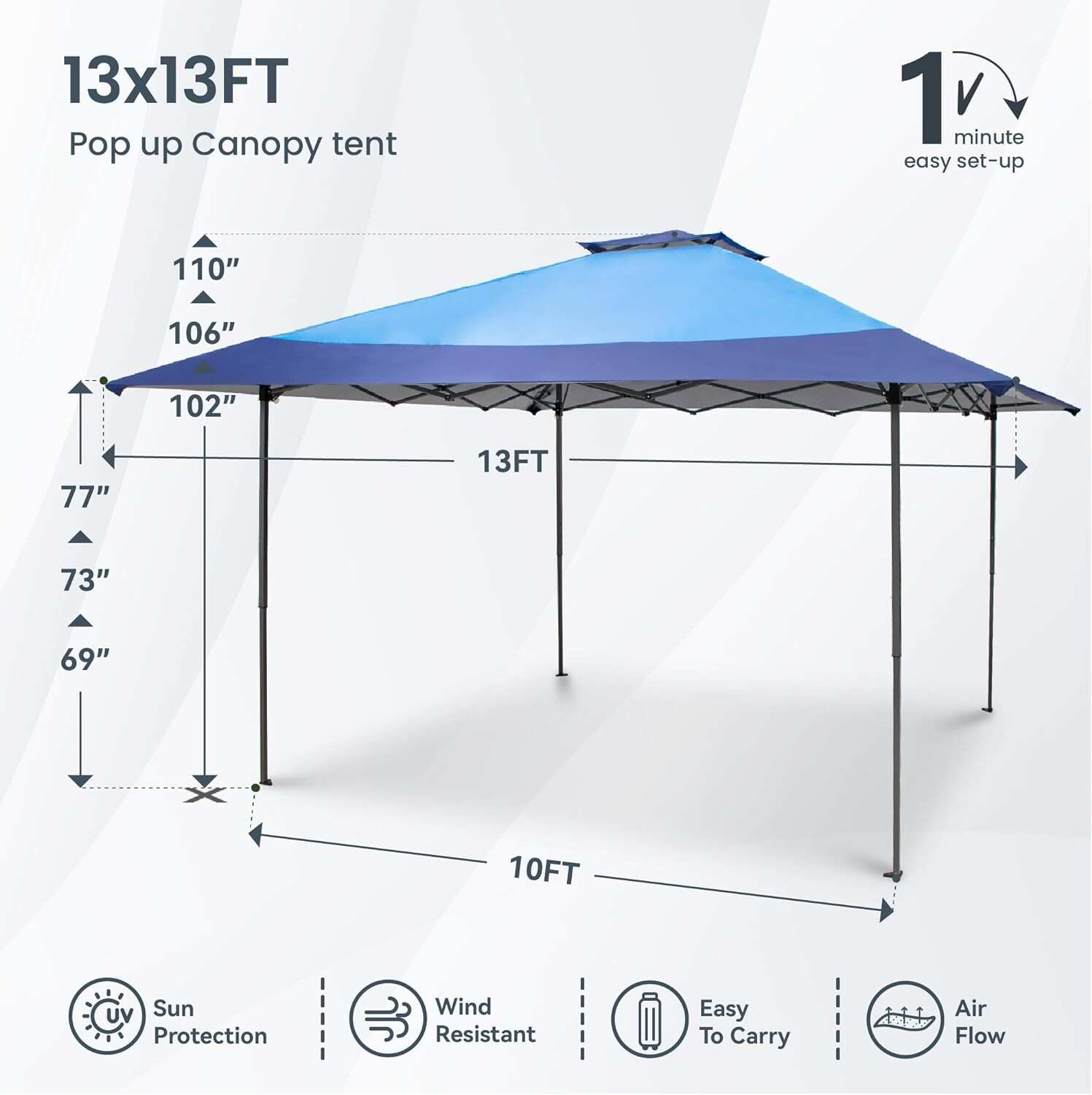 PHI VILLA Outdoor Pop up Canopy 10'x10' Tent Camping Sun Shelter-Series Party Tent, 100 Sq. Ft of Shade (Blue)