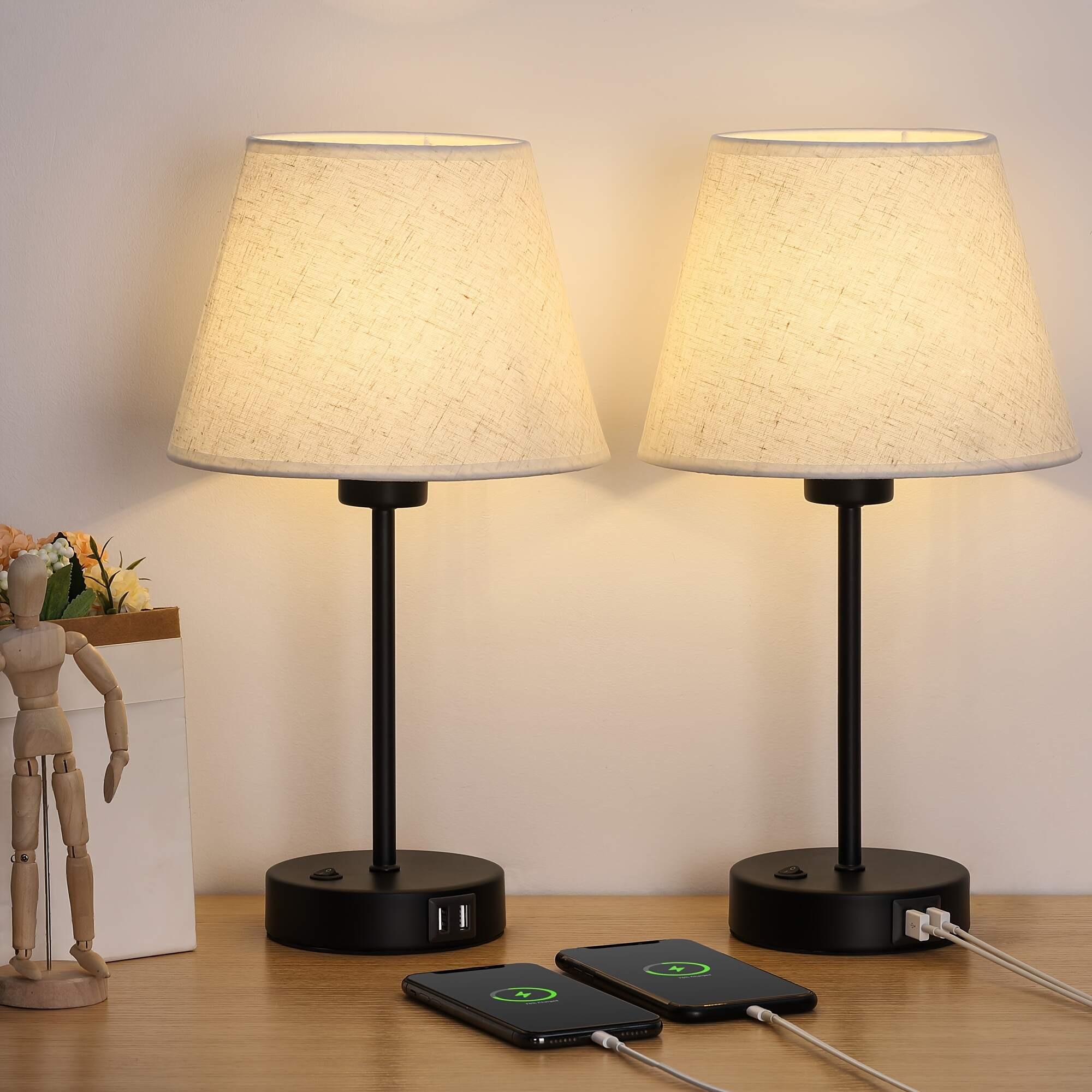 Modern Table Lamps Set Of 2 with Dual USB Charging Ports - Perfect for Bedroom, Living Room, Study Room