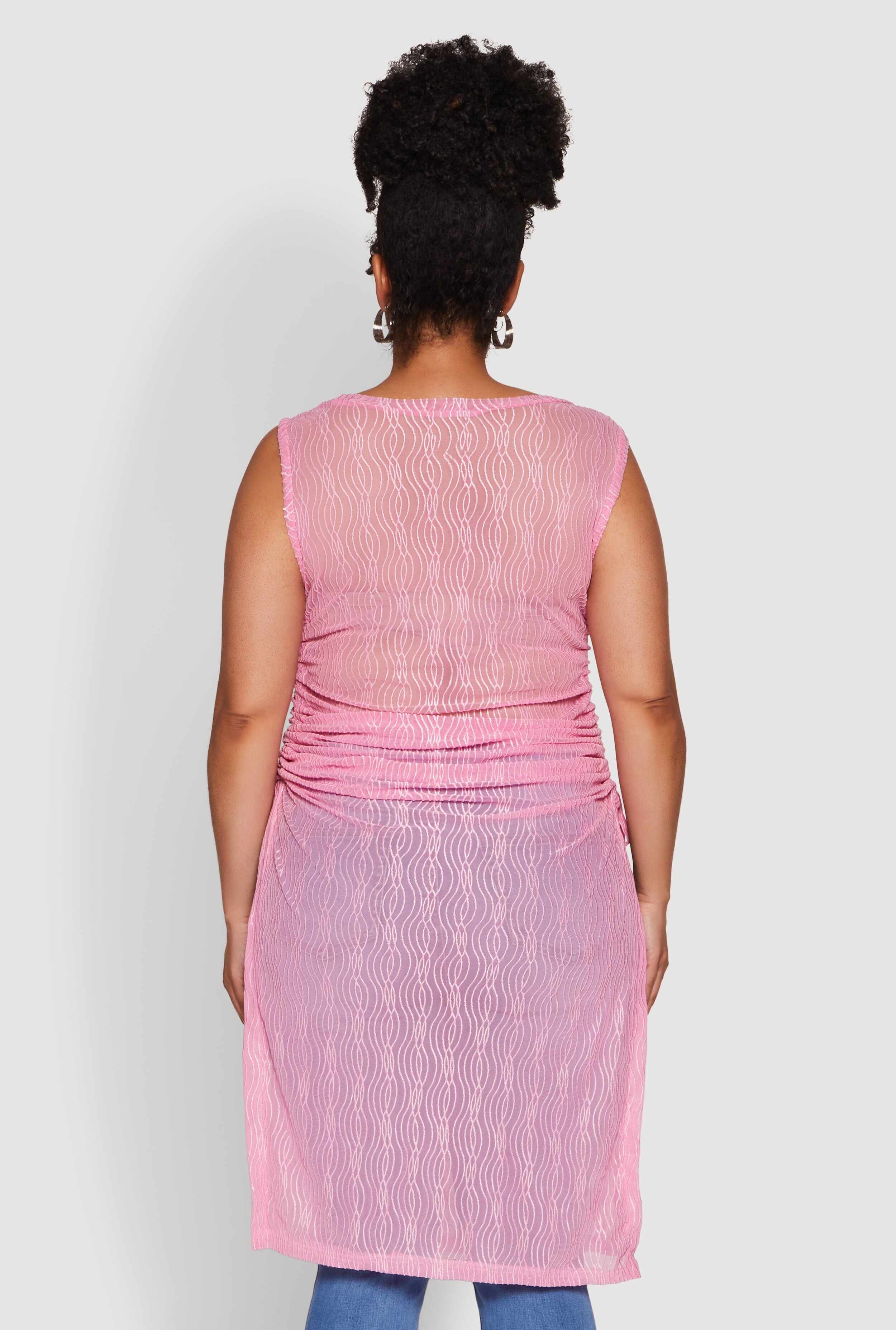 Plus Size Stylish Mesh Side Slit Tank Top with Ruching and Maxi Hem