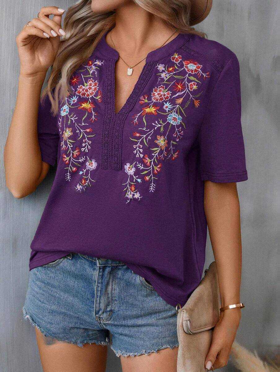 Embroidered Floral V-Neck Short-Sleeve T-Shirt
