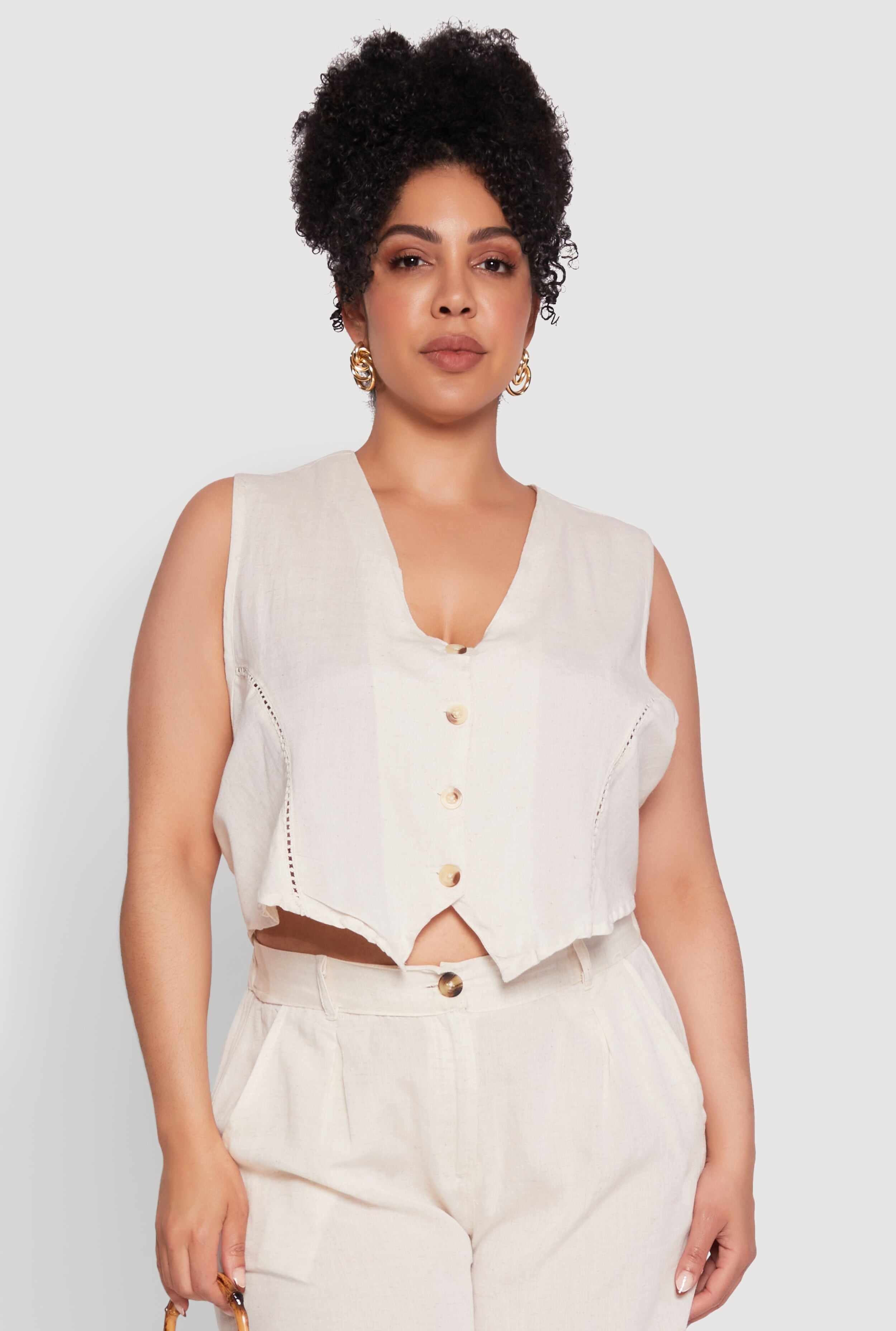 Plus Size Trendy Linen Crochet Detail Cropped Vest