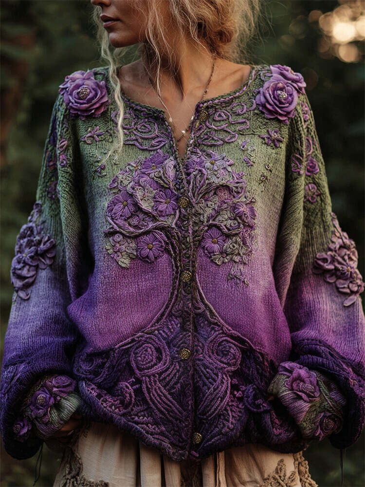 Purple Floral Tree Of Life Crochet Embroidered Gradient Cozy Cardigan