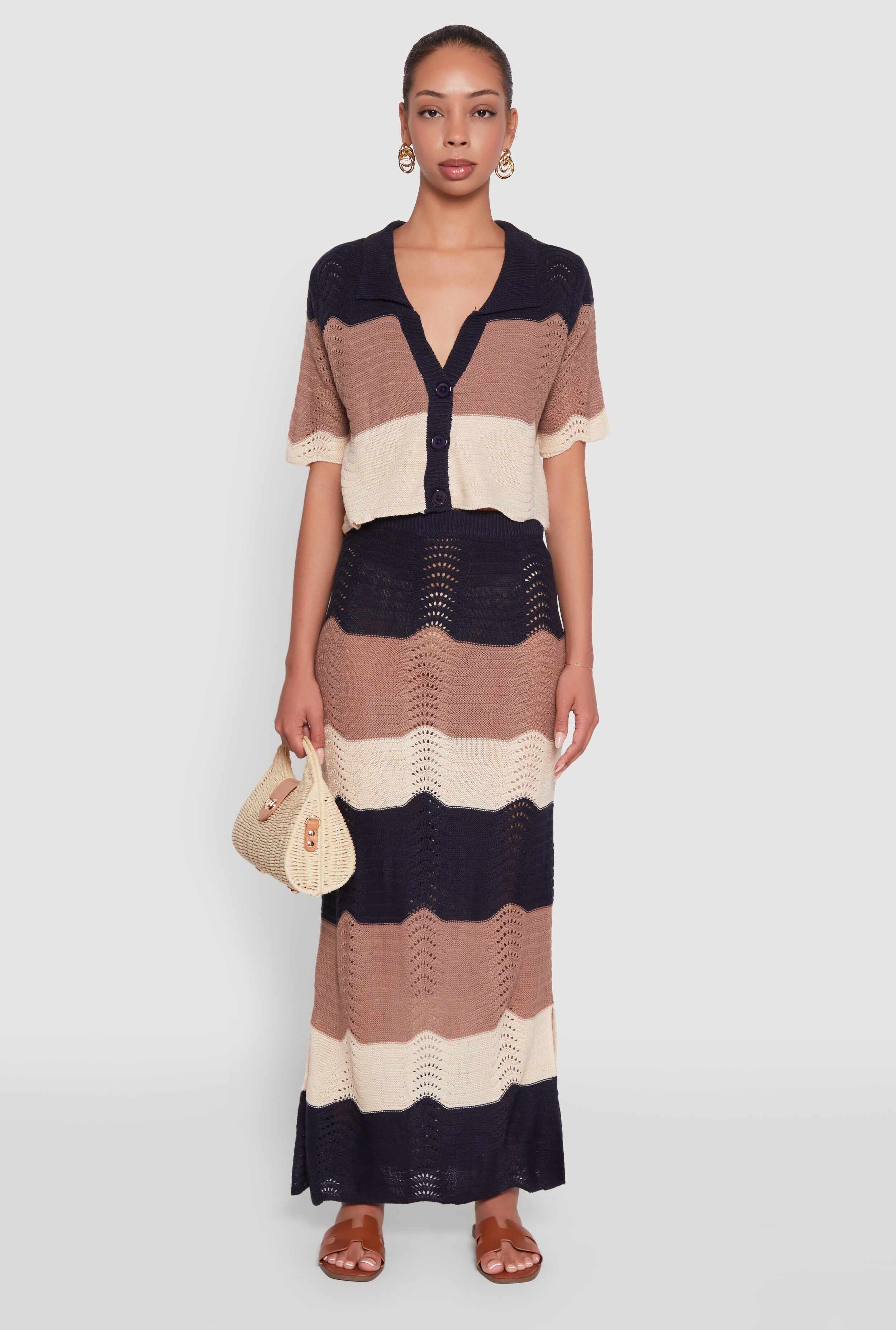 Chic Crochet High Waisted Striped Maxi Skirt