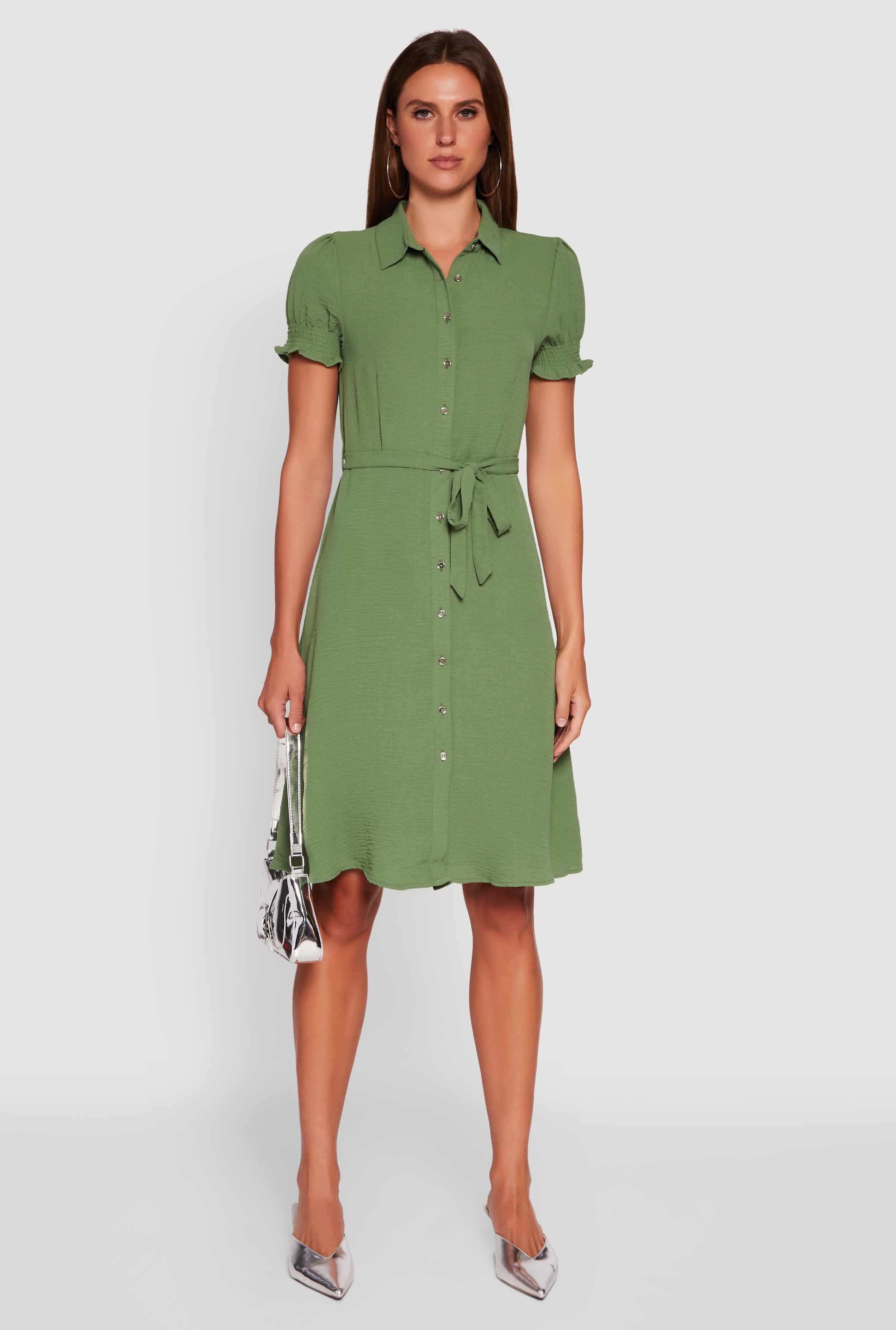 Crepe Knit Puff Sleeve Shirt Dress