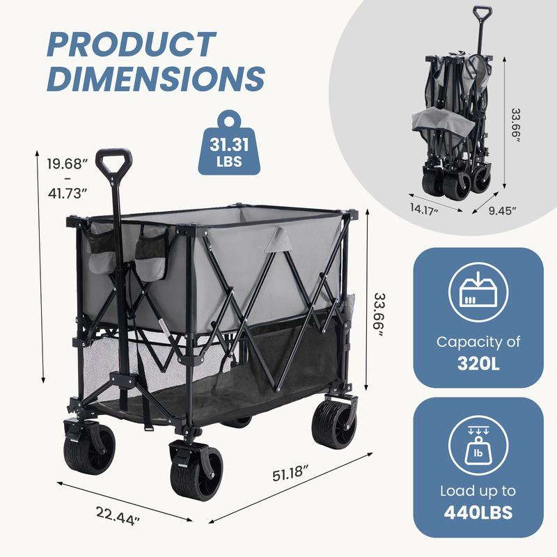 320L Outdoor Folding Double-Decker Wagon with Brakes, 440 lbs Capacity, Flexible Handle, All-Terrain Big Wheels, Compact Pack & Foldable Size for Grocery, Camping