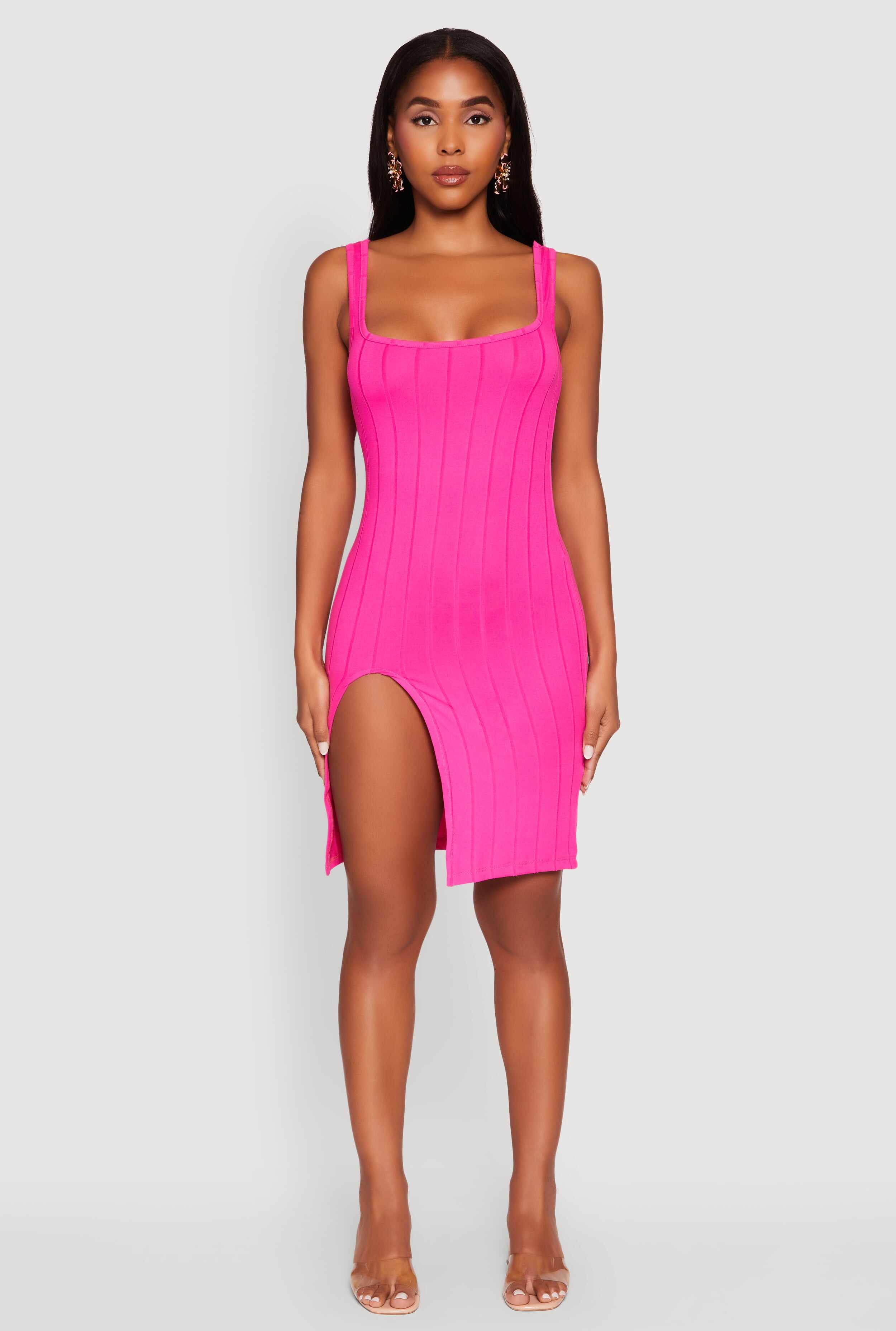 Trendy Ribbed Knit Square Neck Sleeveless Dress