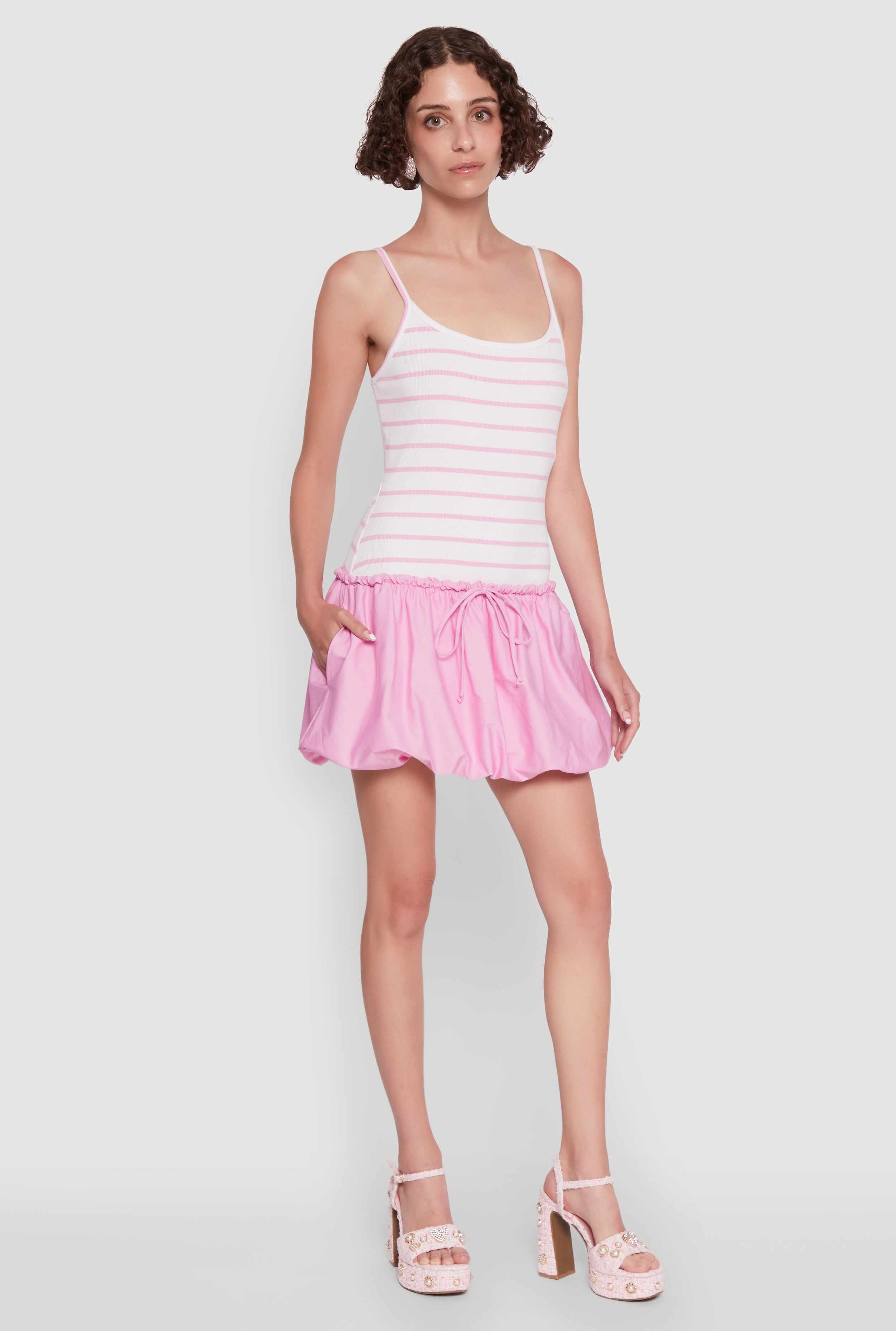 Ribbed Knit Striped Bubble Hem Mini Dress