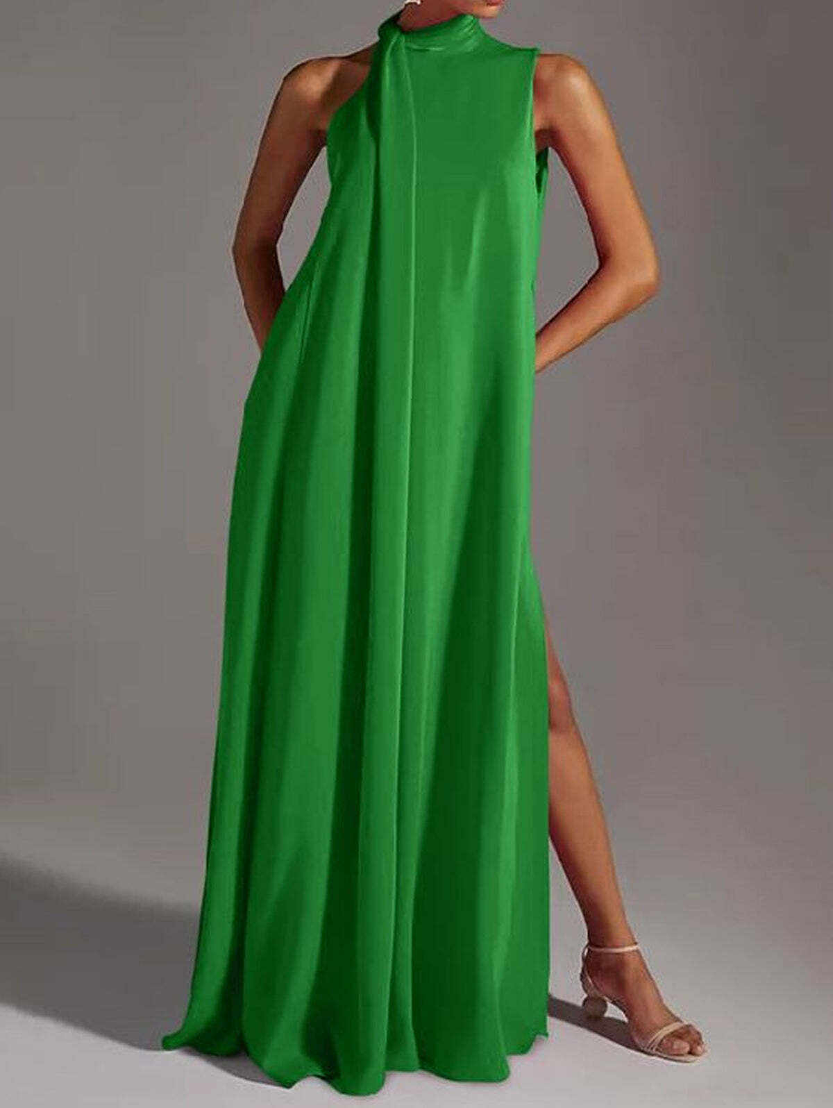 Elegant Plain Stand Collar Loose Slit Maxi Tank Dress