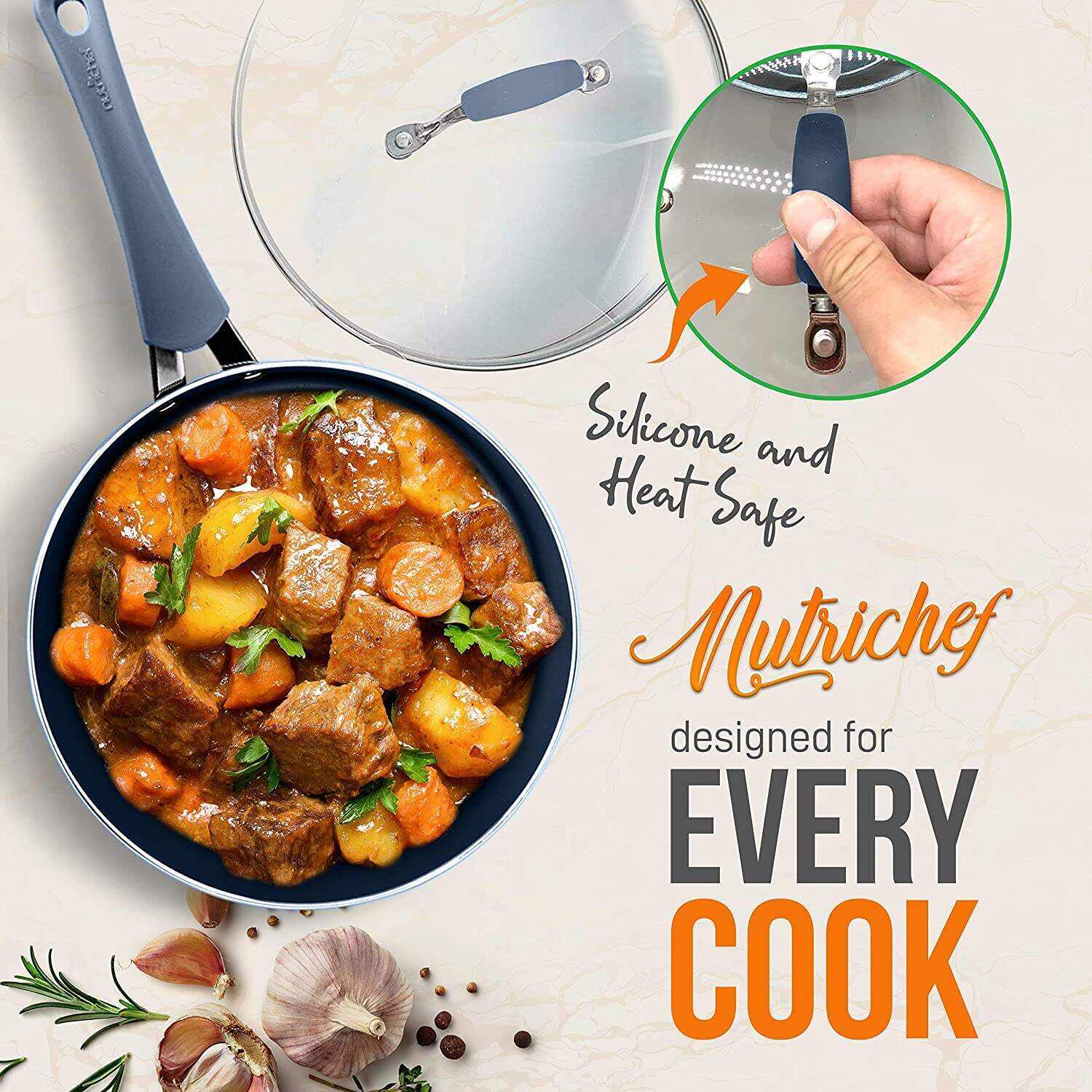 20-Piece Nonstick Kitchen PTFE/PFOA/PFOS-Free Heat Resistant Silicone Handles Cookware Bakeware Set w/Saucepan, Frying Pans, Cooking, Oven Pot, Lids, Utensil, -NCCW20SBLU, One Size, Navy
