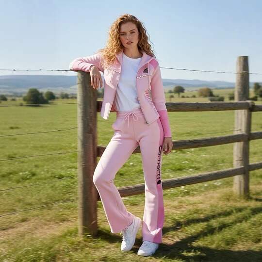 Pink Fleece Women's Hoodie & Sweatpants Set with Pearl Trim and Full Zip Design