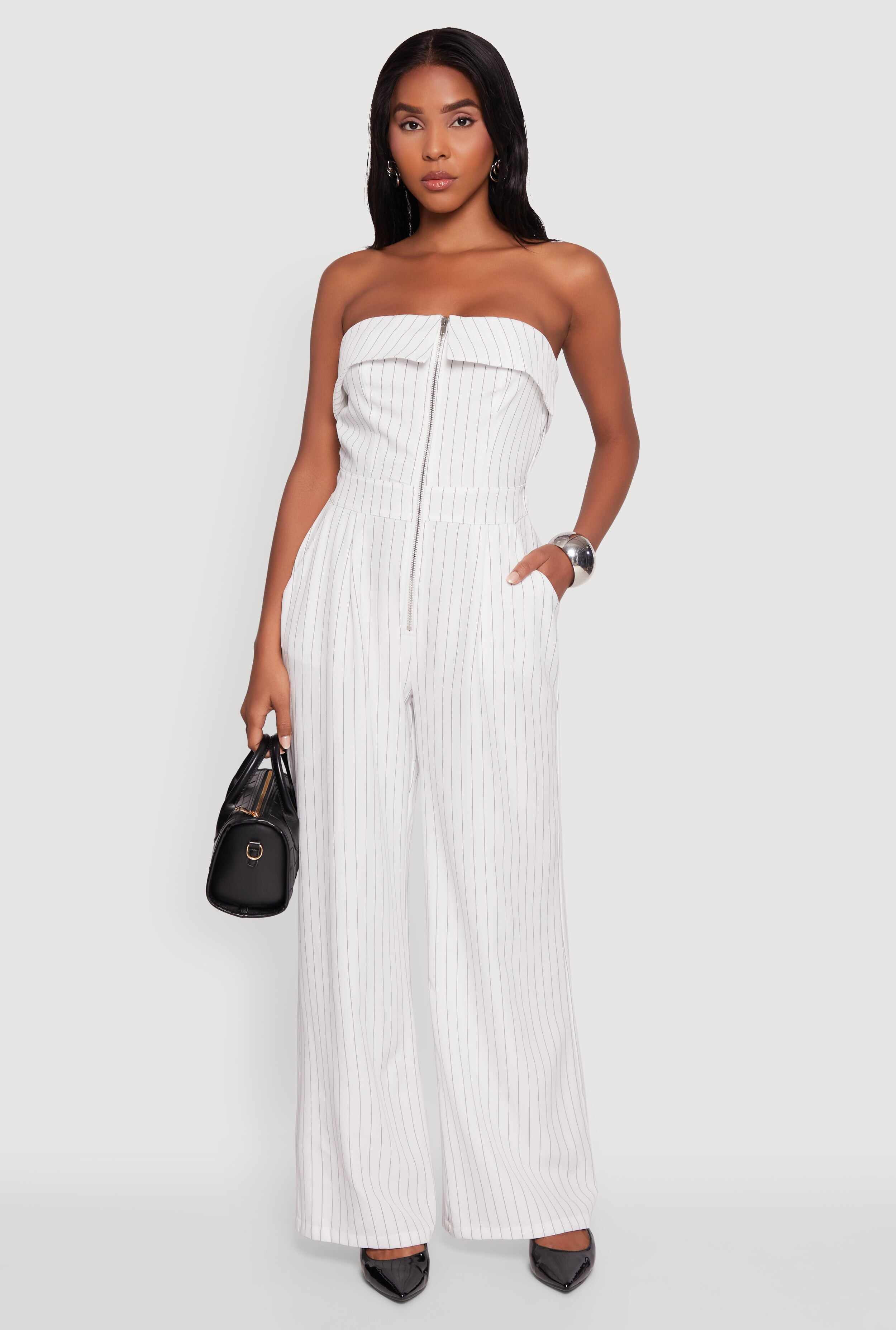 Pinstripe Fold Over Strapless Jumpsuit