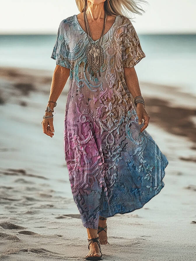 Women's Retro Gradient Ethnic Totem Print V-Neck Short Sleeve Cotton Pocket Dress