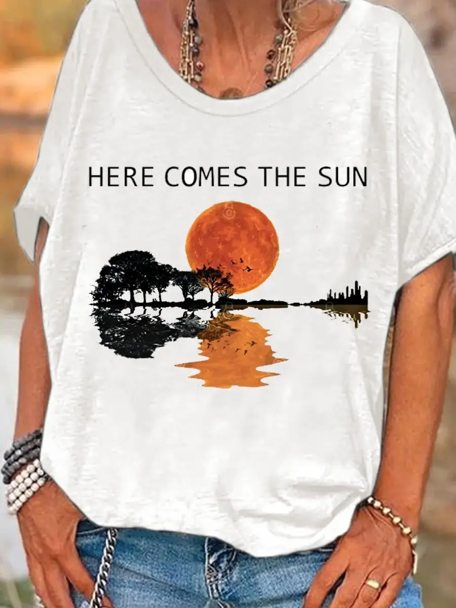 Women's Vintage Hippie Peace Love Music Symbol Print T-Shirt