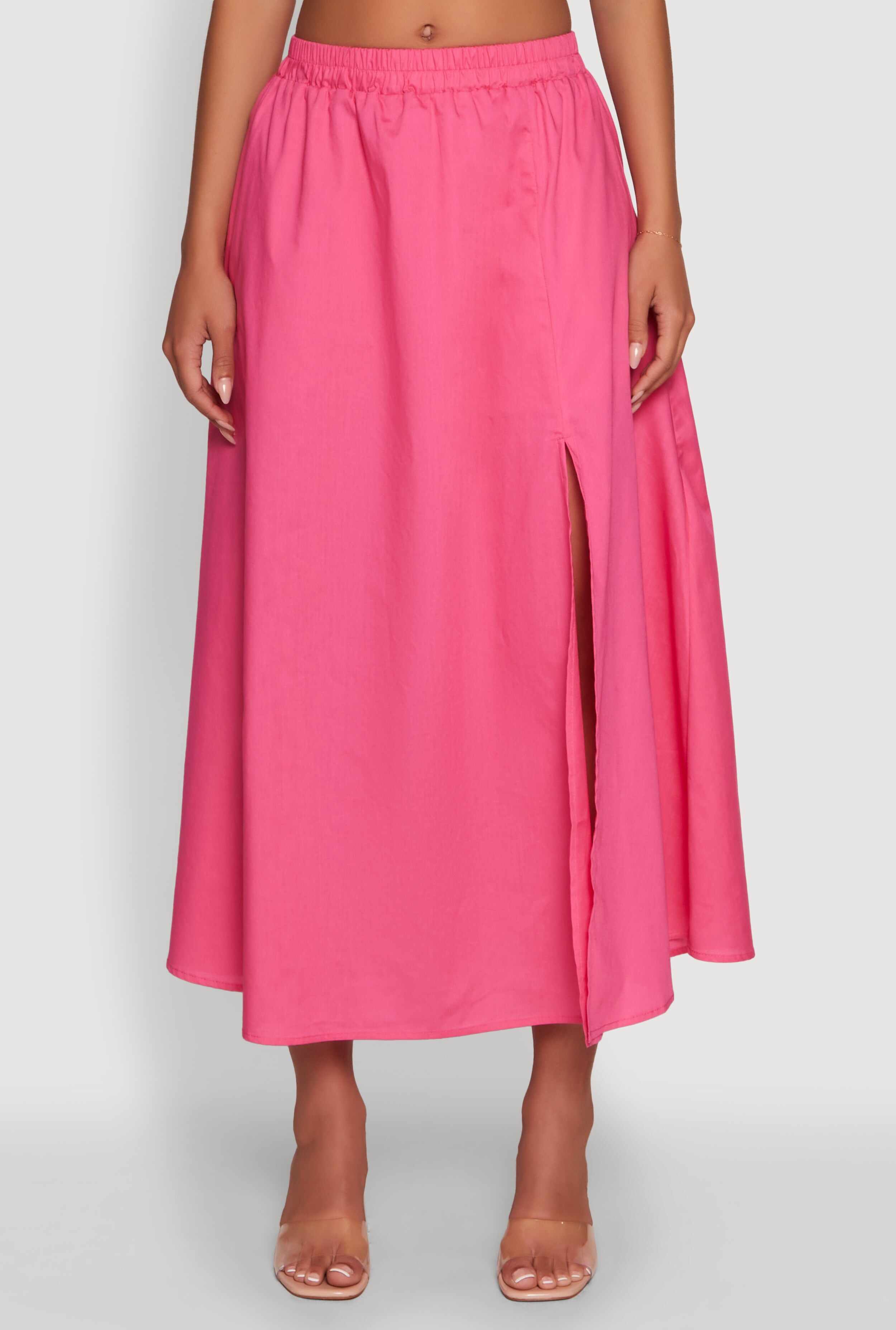 Trendy Poplin High Waisted Side Slit Midi Skirt
