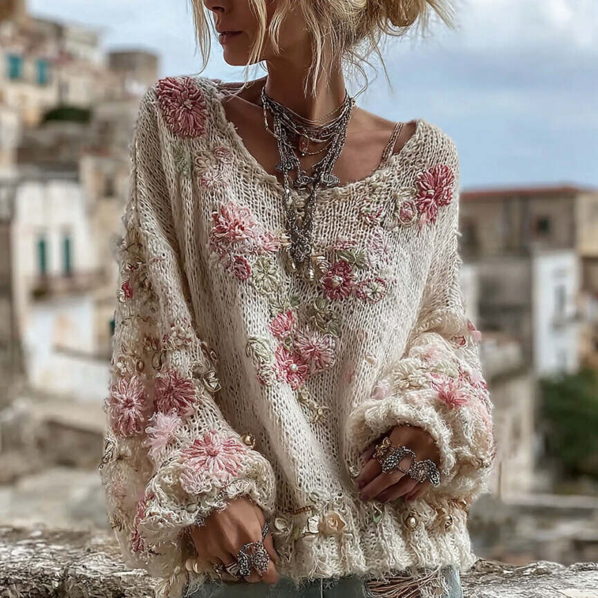 Women's Vintage Pink Flowers Embroidery Art Cozy Knit Sweater