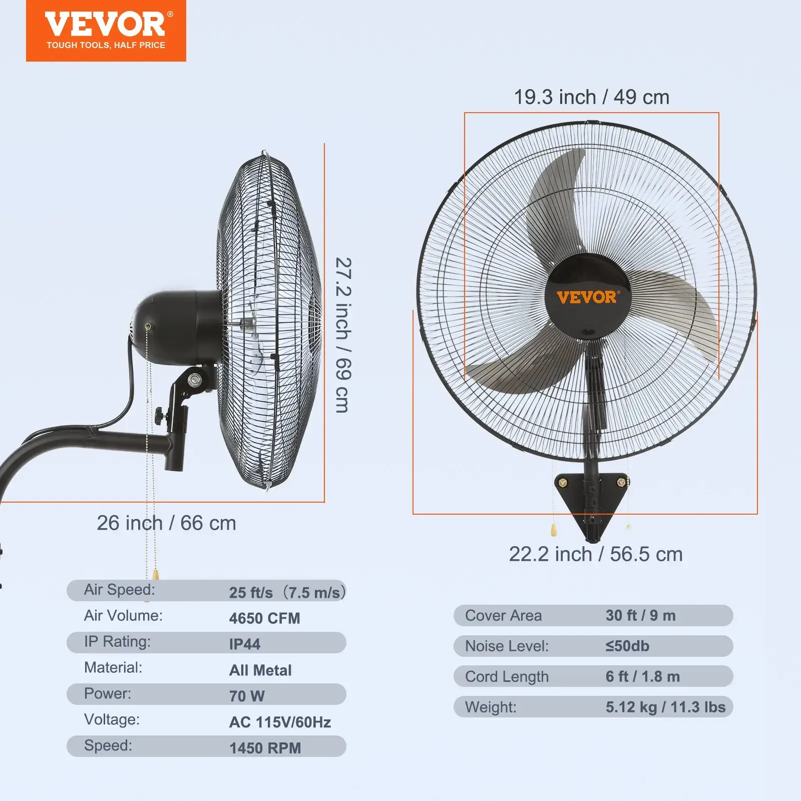 20 Inch Oscillating Wall Mount Fan - High Velocity, 4650 CFM