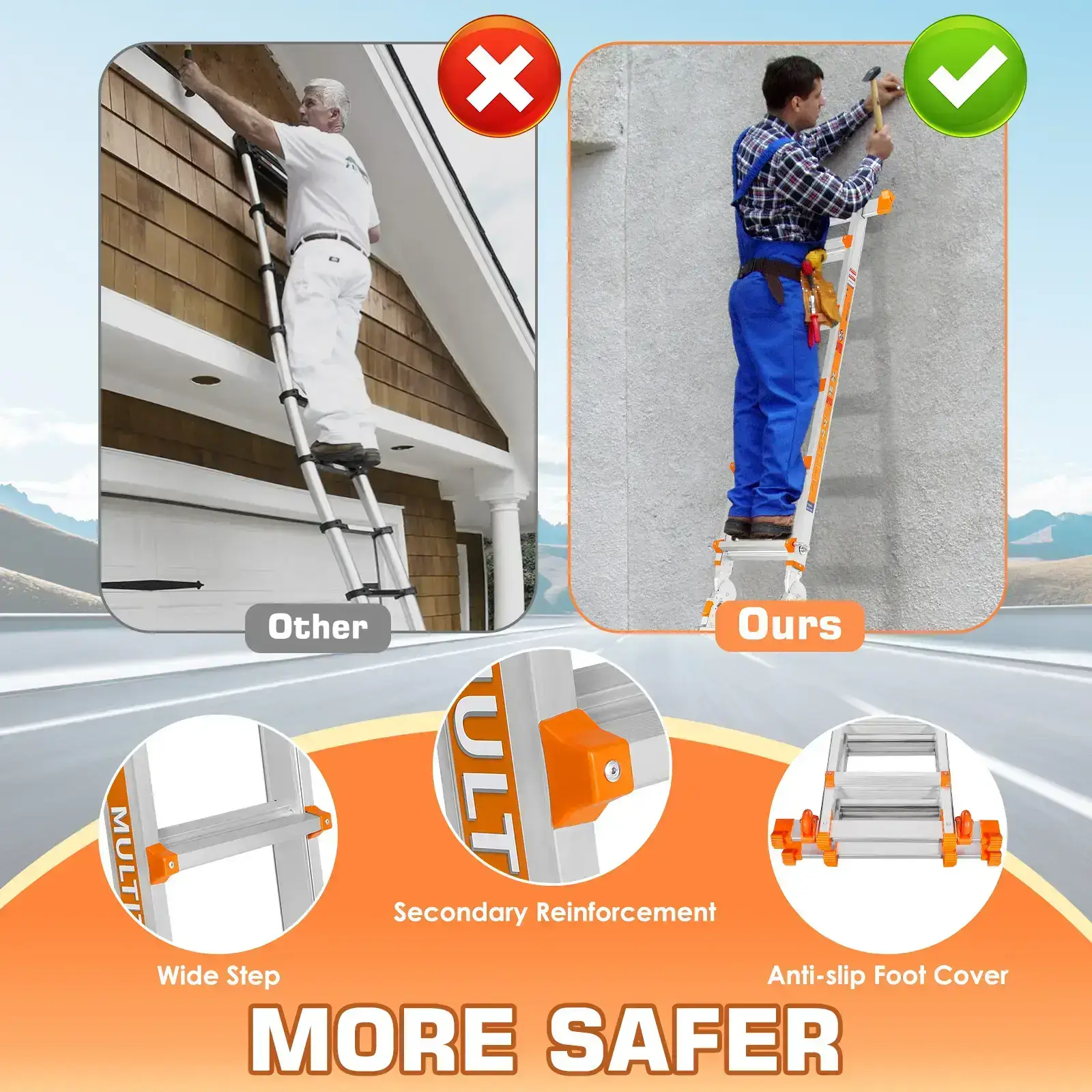Extendable Telescopic Multi-Position Ladder - Convertible Modes, A-Frame Step Ladder with Stabilizer Bars, Narrow Folded Width, 330LBS Load Capacity, Wheels, Safe for Home & Outdoor Roof Work, Extendable Telescopic Ladders