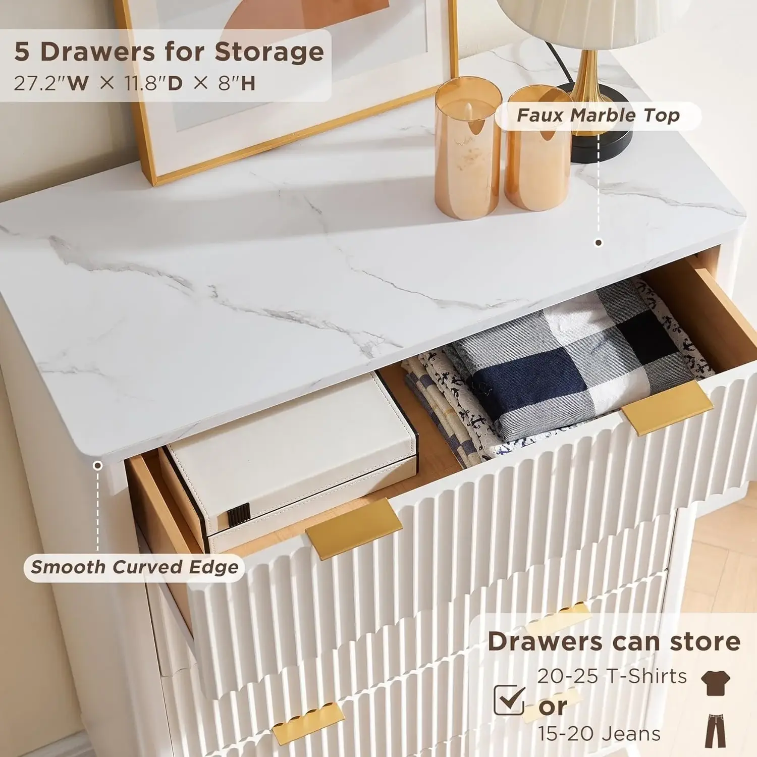 Modern Fluted 5 Drawers Dresser, Chest of Drawers, Dresser TV Stand