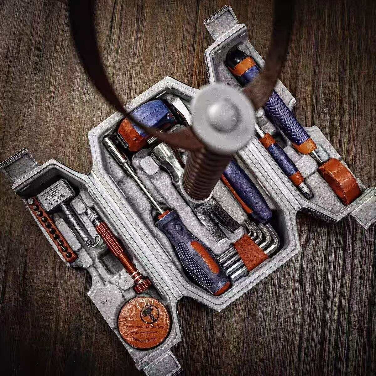 Mjolnir Hammer Shaped Tool Box Complete Repair Hand Tools Kit, Unique Geek Present for Dad Boyfriend Husband