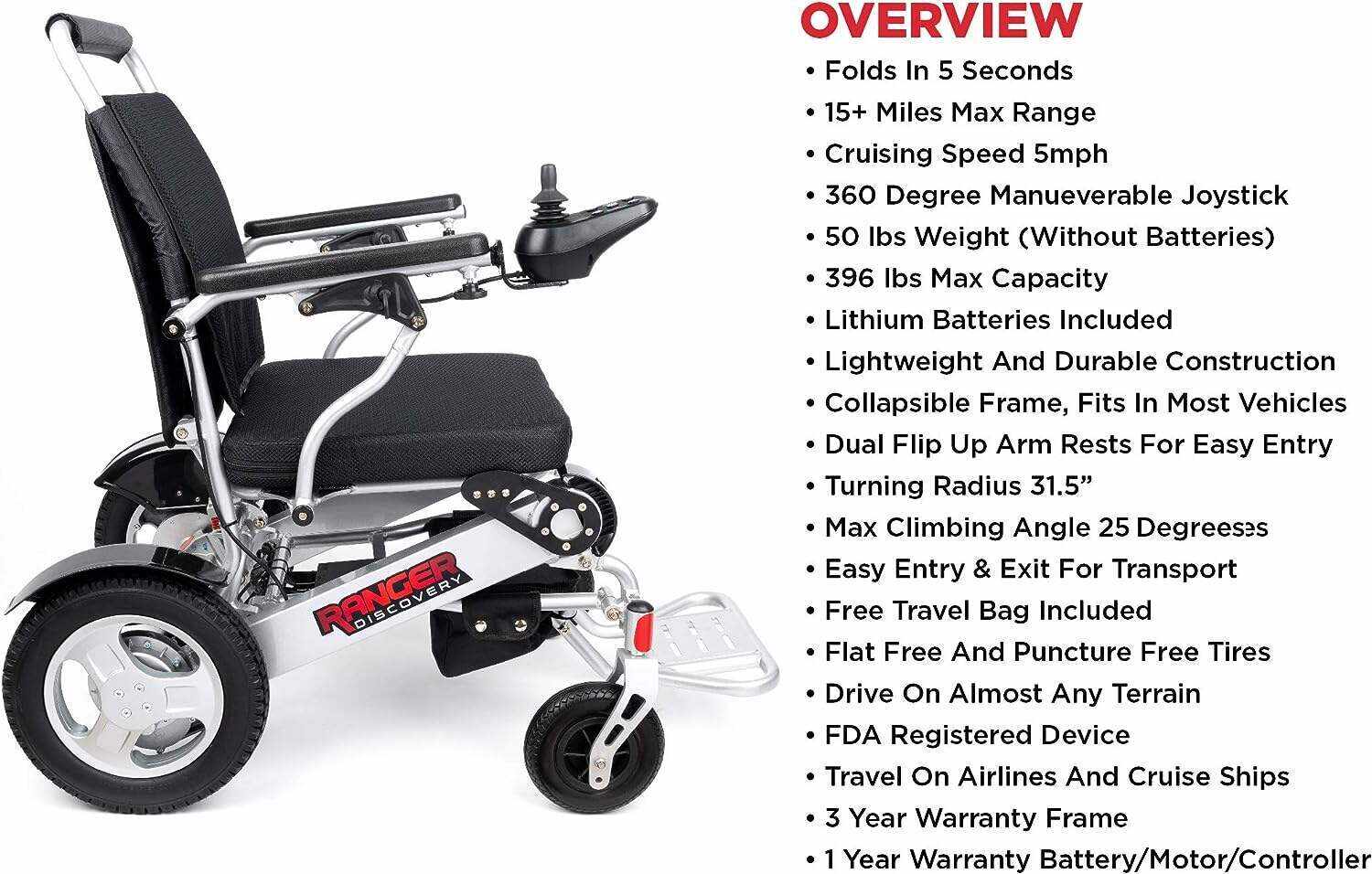 Porto Mobility 2024 Ranger Discovery Lightweight Foldable Weatherproof Exclusive Electric Wheelchair, Portable, Brushless Powerful Motors, Dual Battery, All Terrain (Silver, Standard)