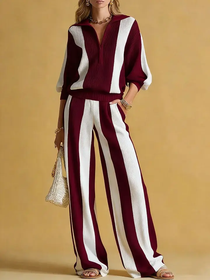 🔥Summer Arrivals🌟Women's Striped Print Cardigan Collar Three-quarter Sleeve Knitted Top And High-waisted Casual Loose Wide-leg Pants Knitted Set.