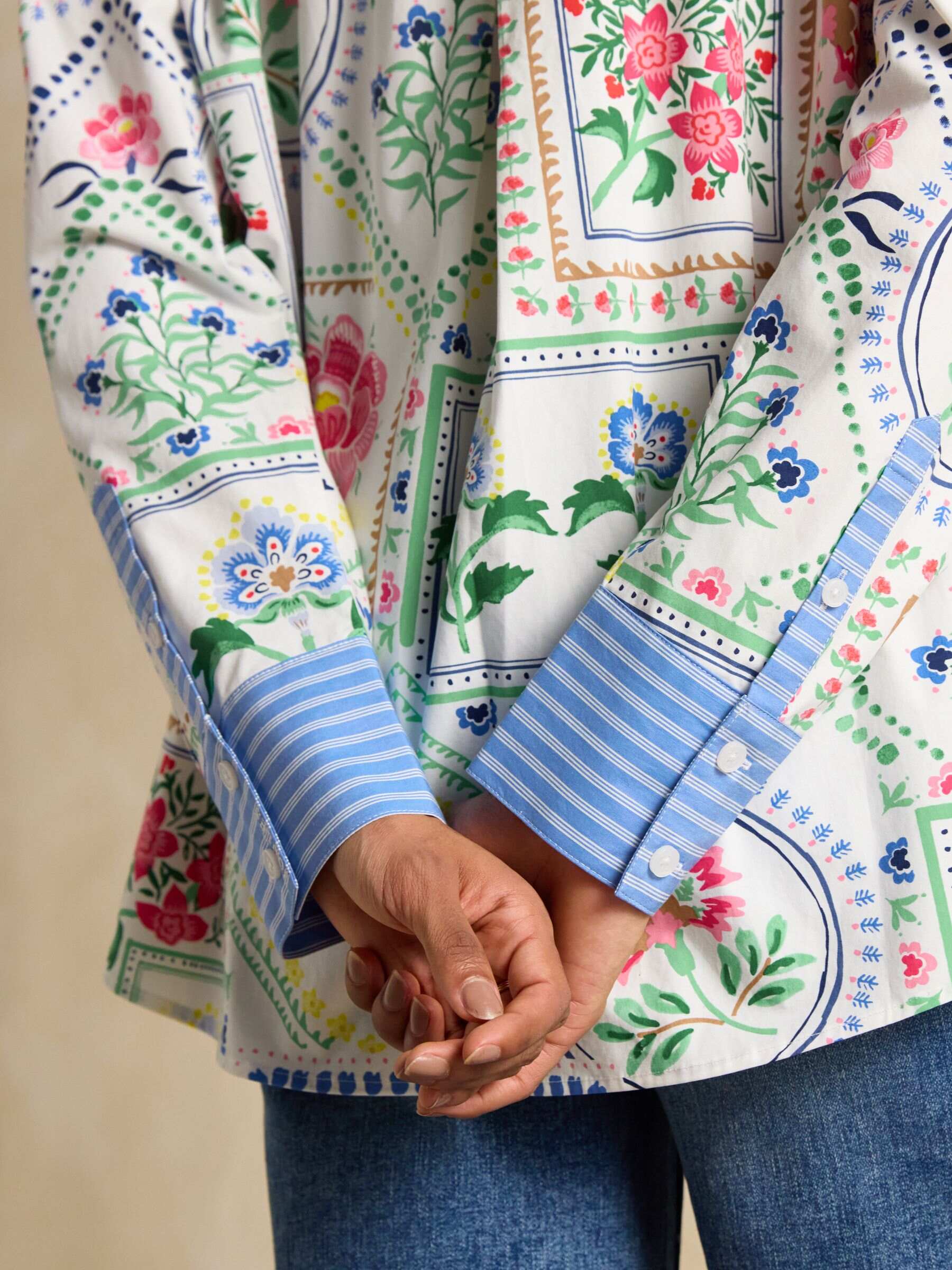 Amilla Cream Tile Print Longline Relaxed Fit Shirt