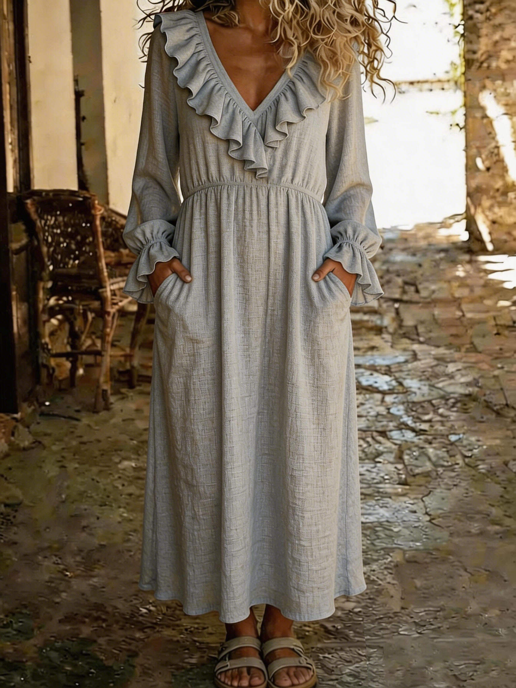 🔥Summer Arrivals🌟Women's Casual V-neck Ruffled Cotton Linen Dress