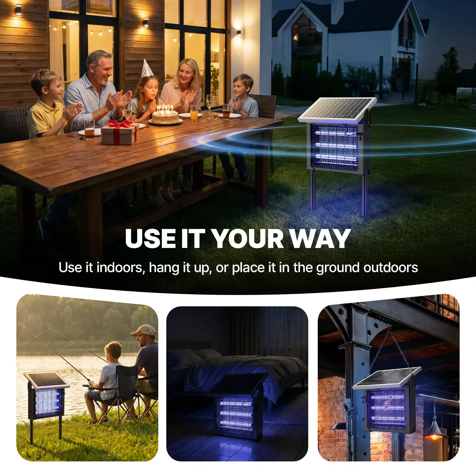 3500V Solar Bug Zapper, High Power Cordless Mosquito Zapper with Smart Light Sensor, Dual Solar & USB Rechargeable Insect Killer for Patio, Garden, Backyard, Outdoor Use