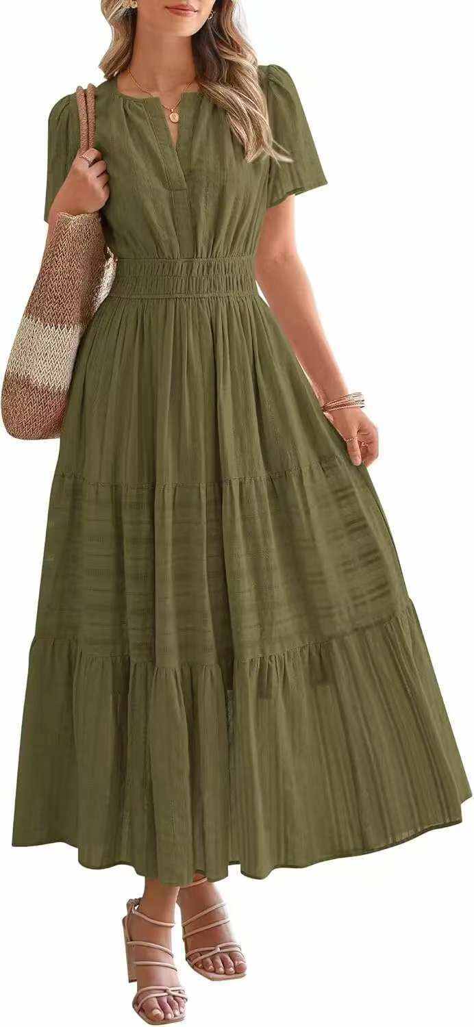 Lightweight Summer Maxi Dress with Pockets, V-Neck & Elastic Waist