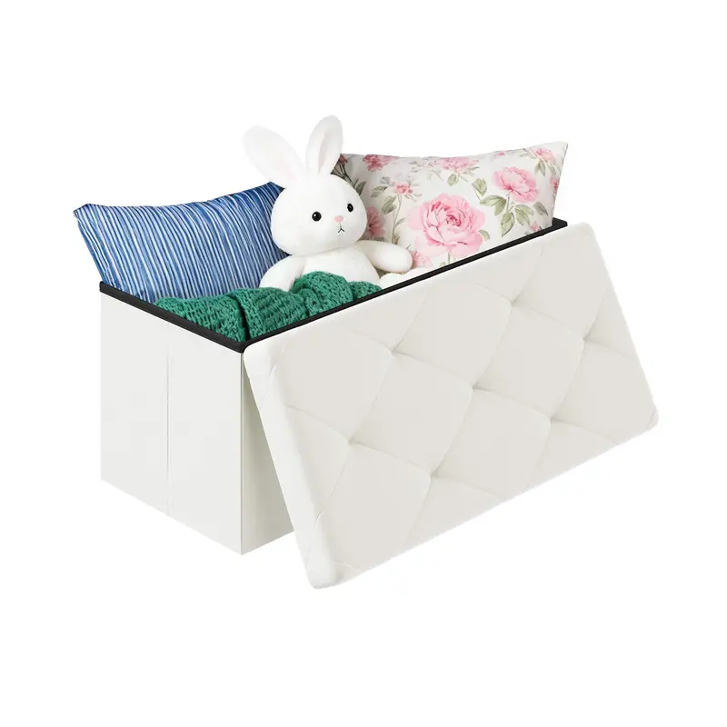 Folding Storage Ottoman Bench Modern Linen Fabric Padded Seat Large Toy Box End of Bed Entryway Comfortable Durable Multifunctional Seater