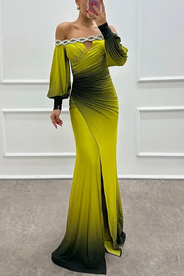 Gradient print boat neck off-shoulder long dress
