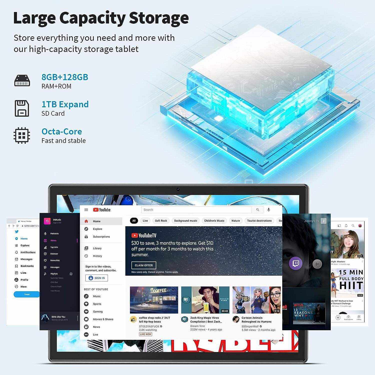 Android Tablet 10 inch, Android 12 Tablet, 8GB RAM 128GB ROM,1TB Expand, 5G WiFi, 4G/LTE, Bluetooth, 8000mAh Battery, Google Certified, 2 in 1 Tablet with Keyboard, Mouse, Case, Stylus(Silver)