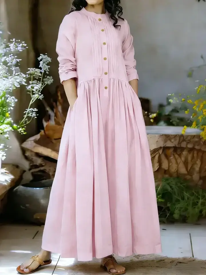 🔥Summer Arrivals🌟Women's Solid Color Stand-collar Long-sleeved Loose-fitting A-line Cotton Dress