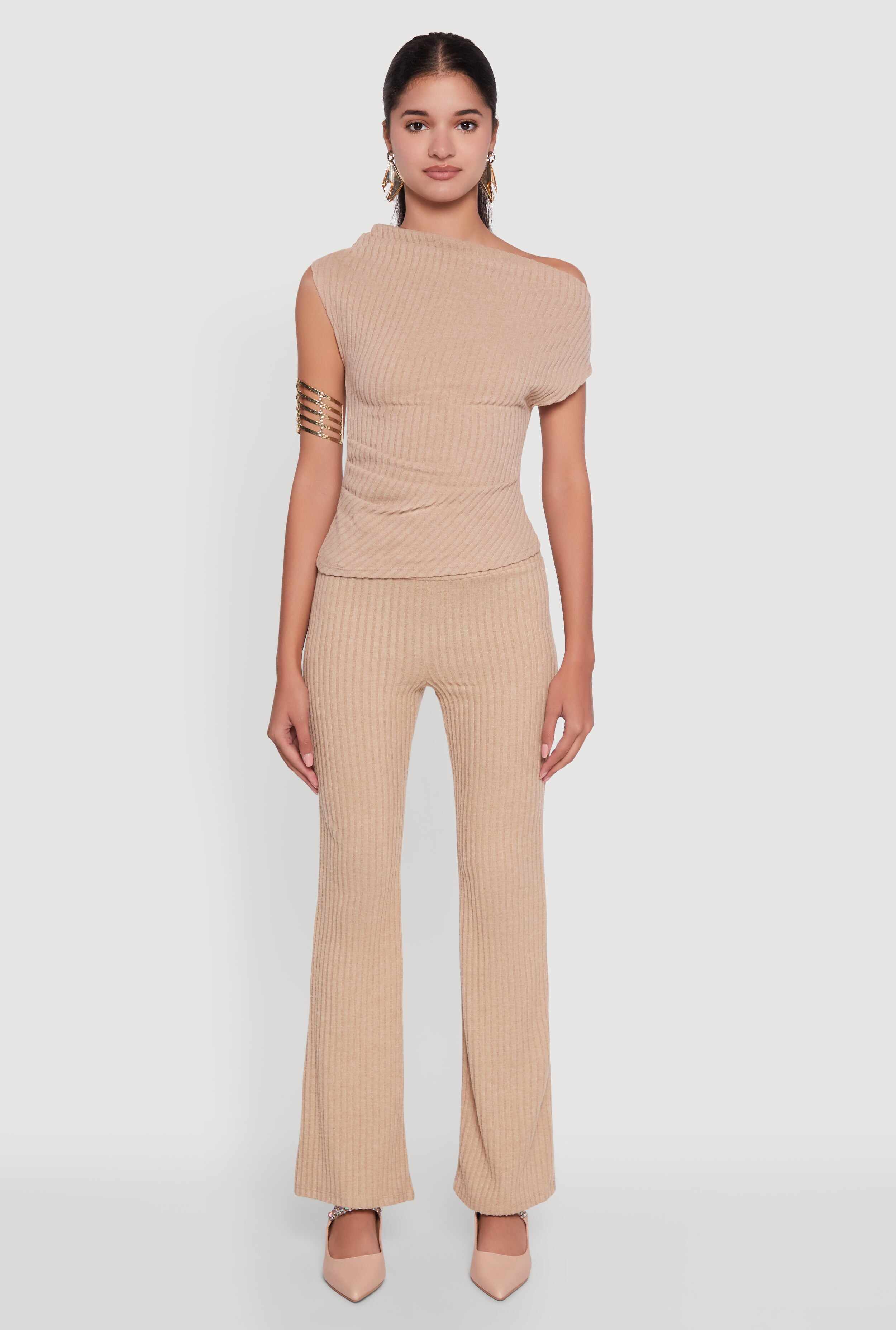 Ribbed Knit Solid Straight Leg Casual Pants