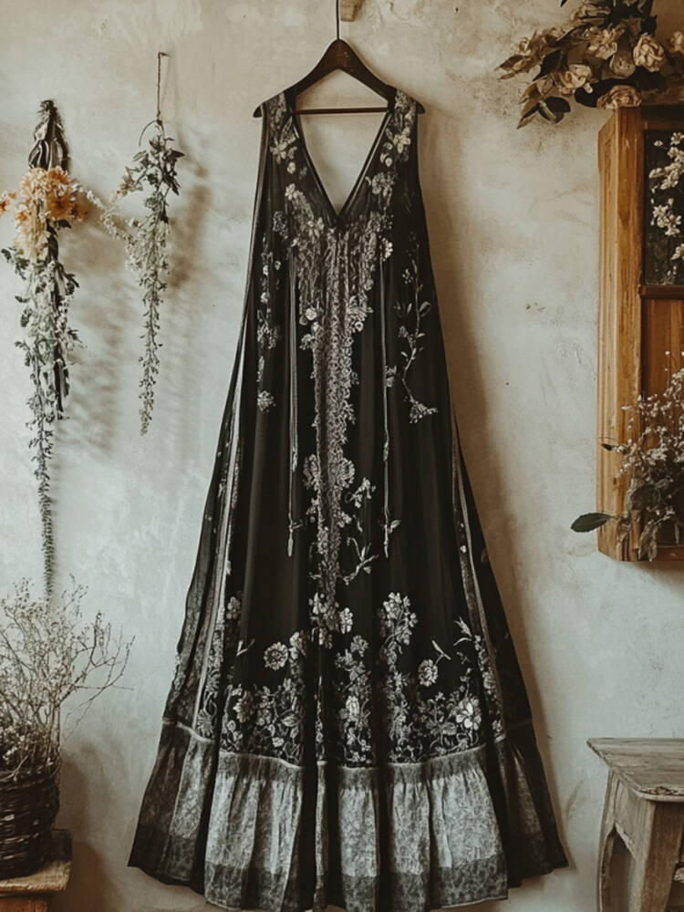 Boho Floral Embroidered Pattern Lace Linen Dress