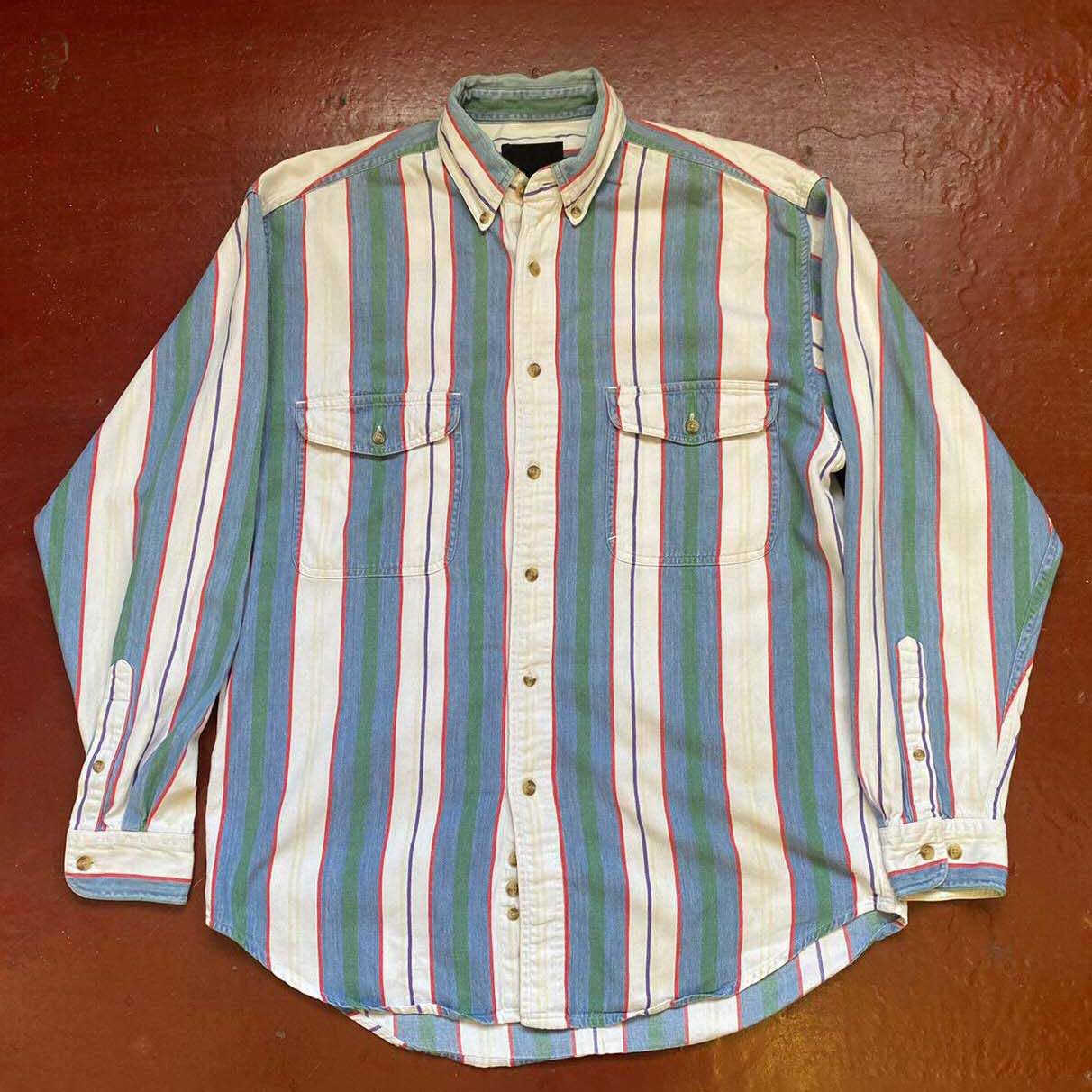 Men's Western Fashion Blue Green White Striped Long Sleeve Shirt