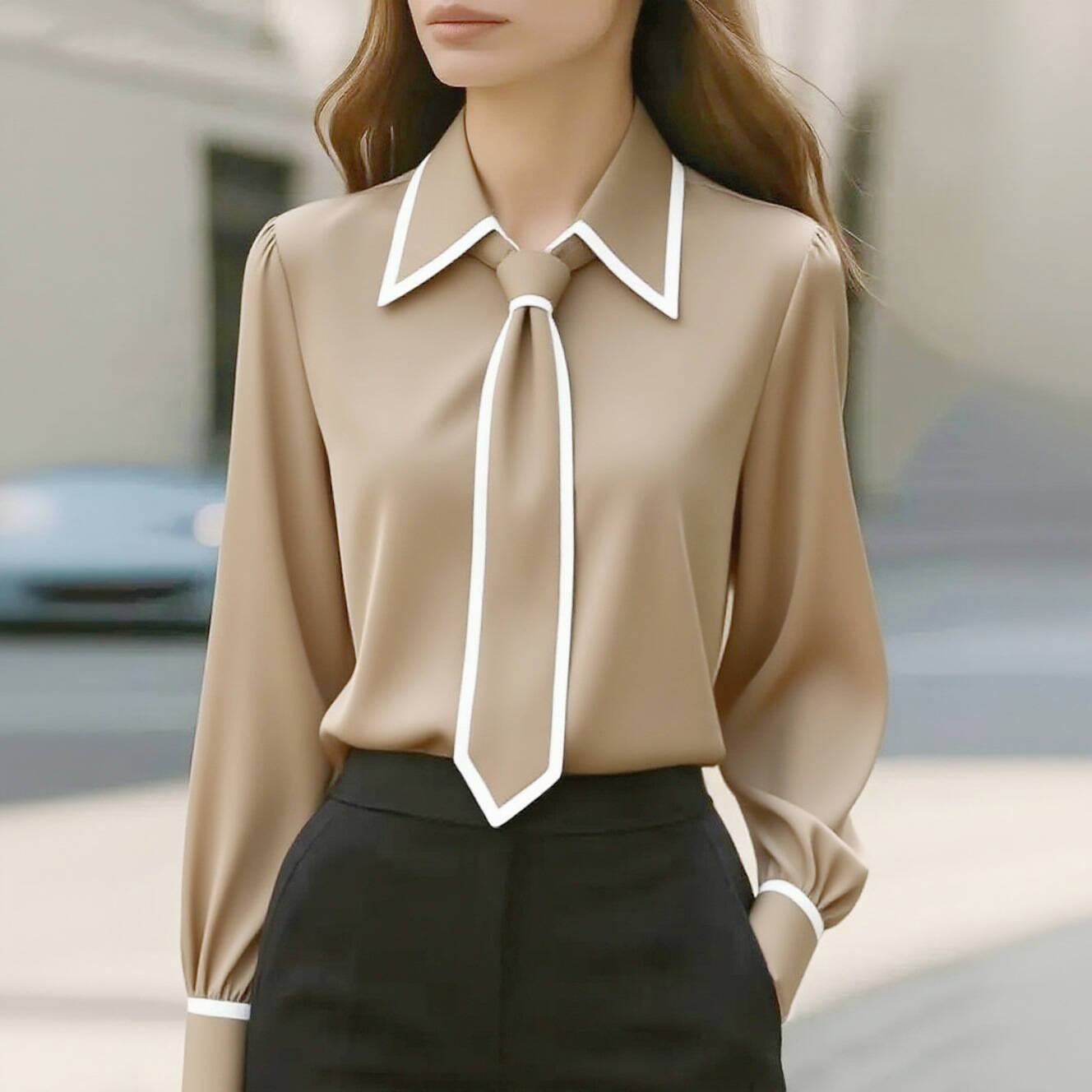 Chic Contrast Trim Tie-Neck Blouse