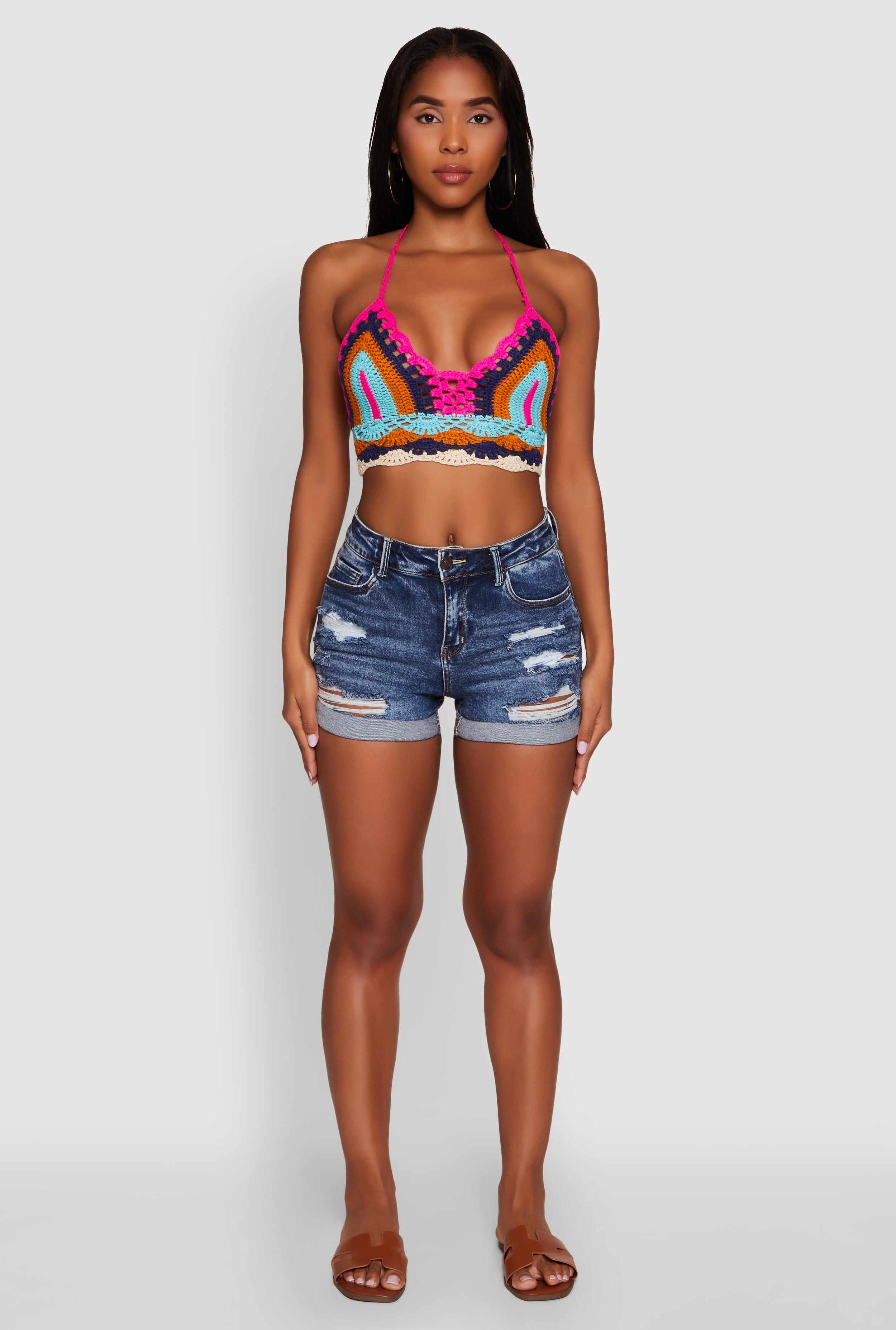 Trendy Crochet Patterned Cropped Halter Top