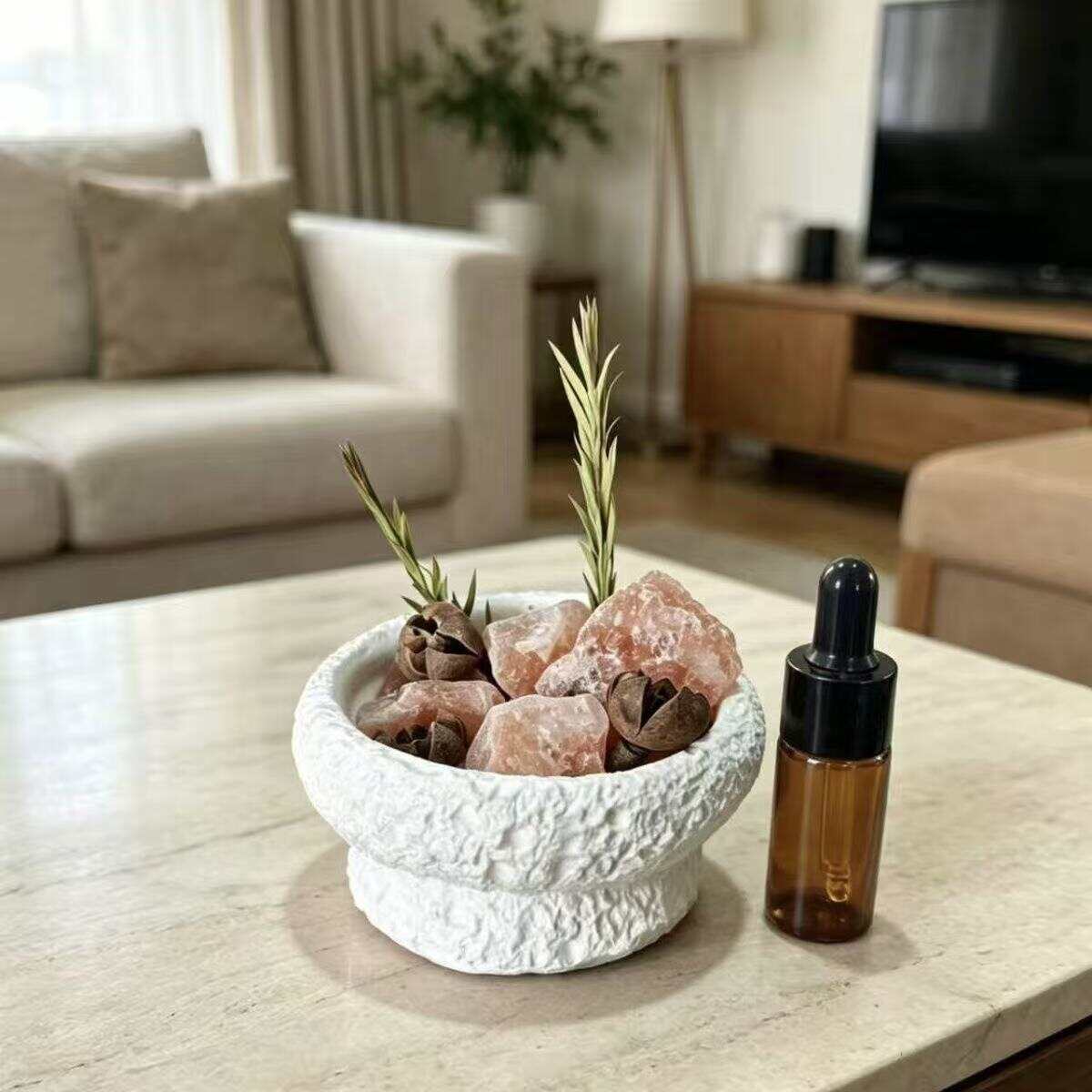 Himalayan Salt Crystal Reed Diffuser with Textured Ceramic Bowl, Natural Aromatherapy Stones Fragrance Gift Set for Living Room Bedroom Home Decor