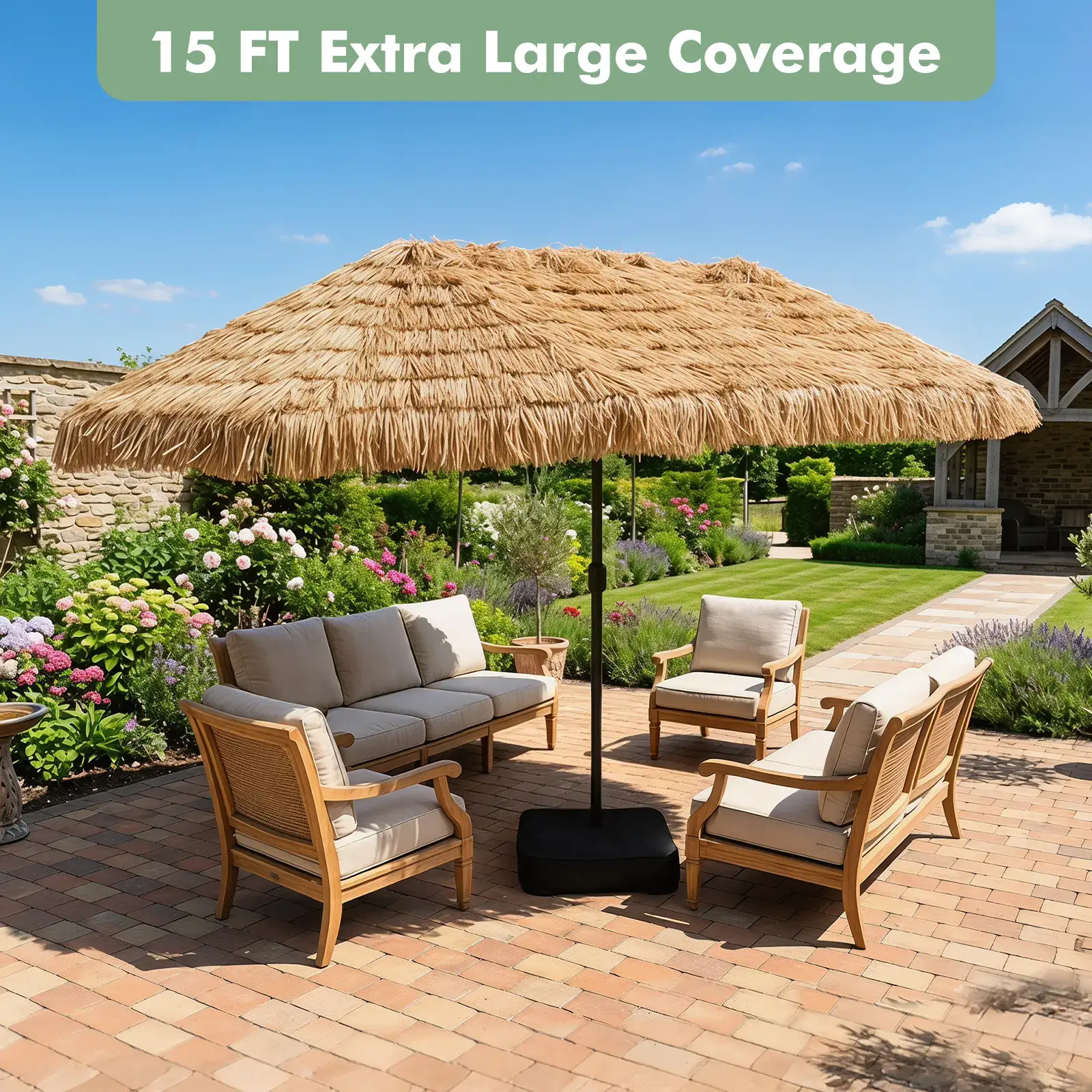 15 FT Solar Tiki Patio Umbrella with Base Included, Double-sided Hawaiian Style Thatched Market Table Umbrella with144 Multi-colored Flowing LED Lights, 12 Modes, Crank Handle, 12 Ribs, PE Grass Outdoor Umbrell for Pool Deck Garden Backyard