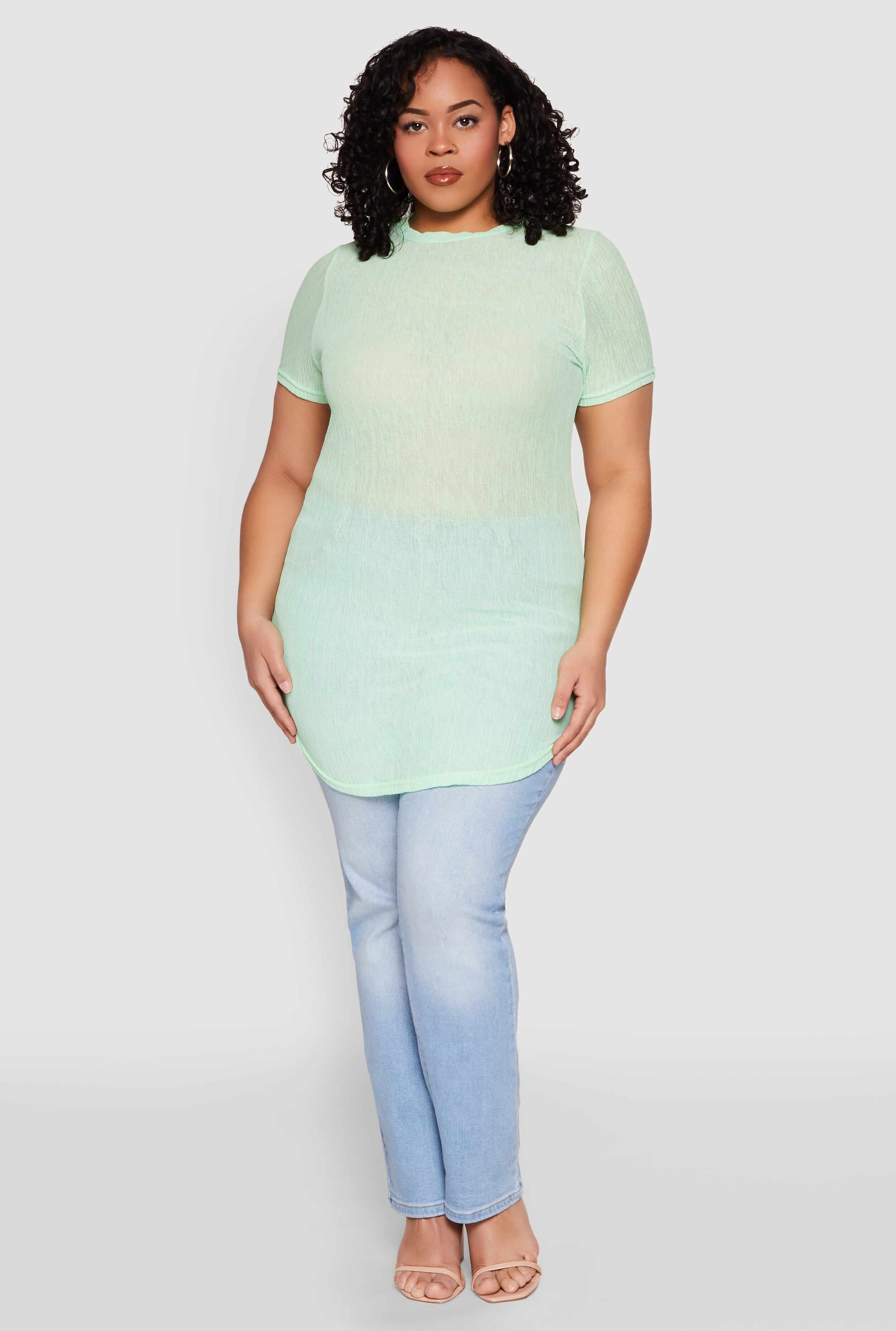 Plus Size Sheer Short Sleeve Tunic Top