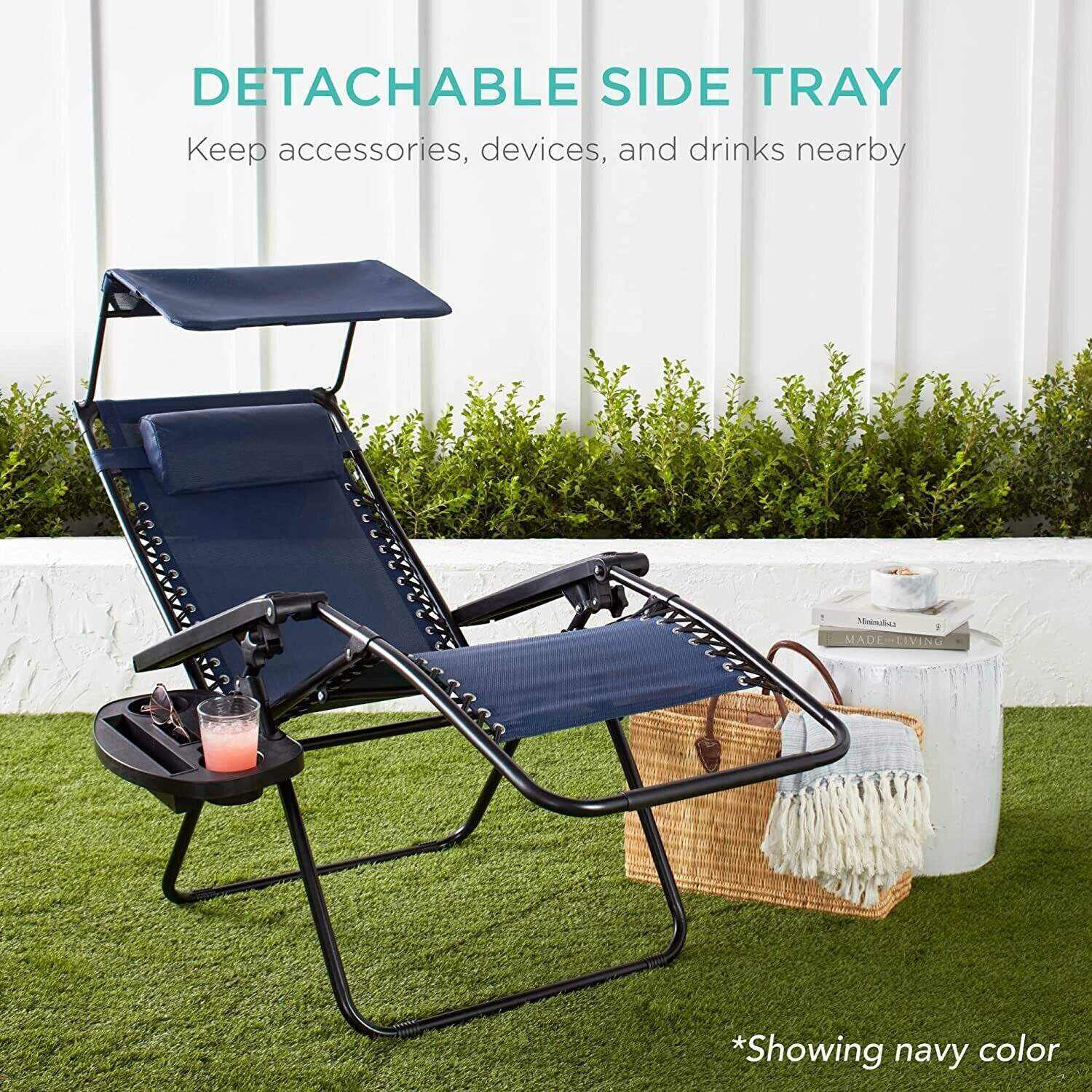 Folding Zero Gravity Recliner Patio Lounge Chair w/Adjustable Canopy Shade, Headrest, Side Accessory Tray, Textilene Mesh - Beige