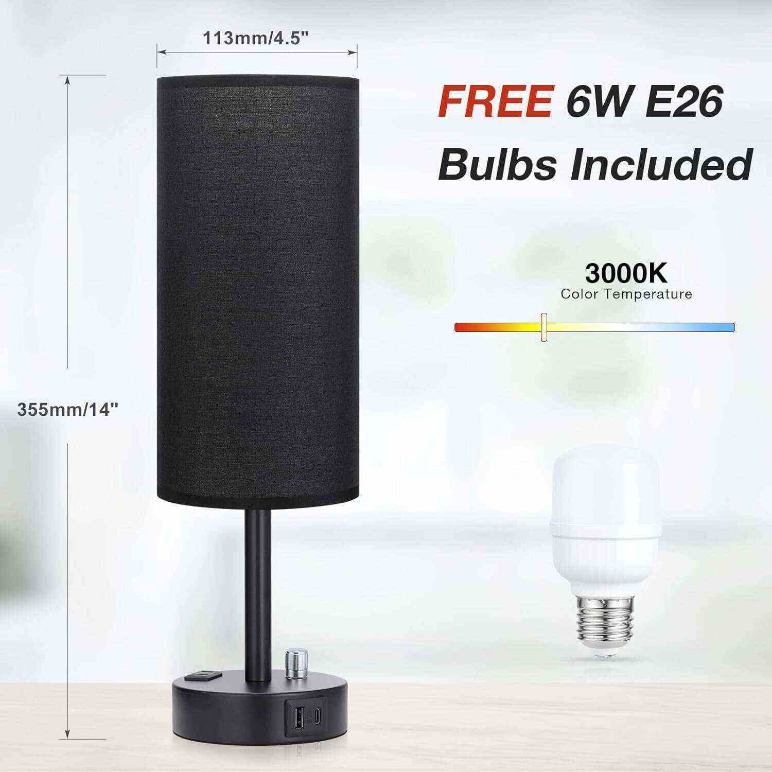 Bedside Table Lamp for Bedroom - 3 Way Dimmable Touch Lamp USB C Charging Ports and AC Outlet, Small Lamp Wood Base Round Flaxen Fabric Shade for Living Room, Desk, LED Bulb Included