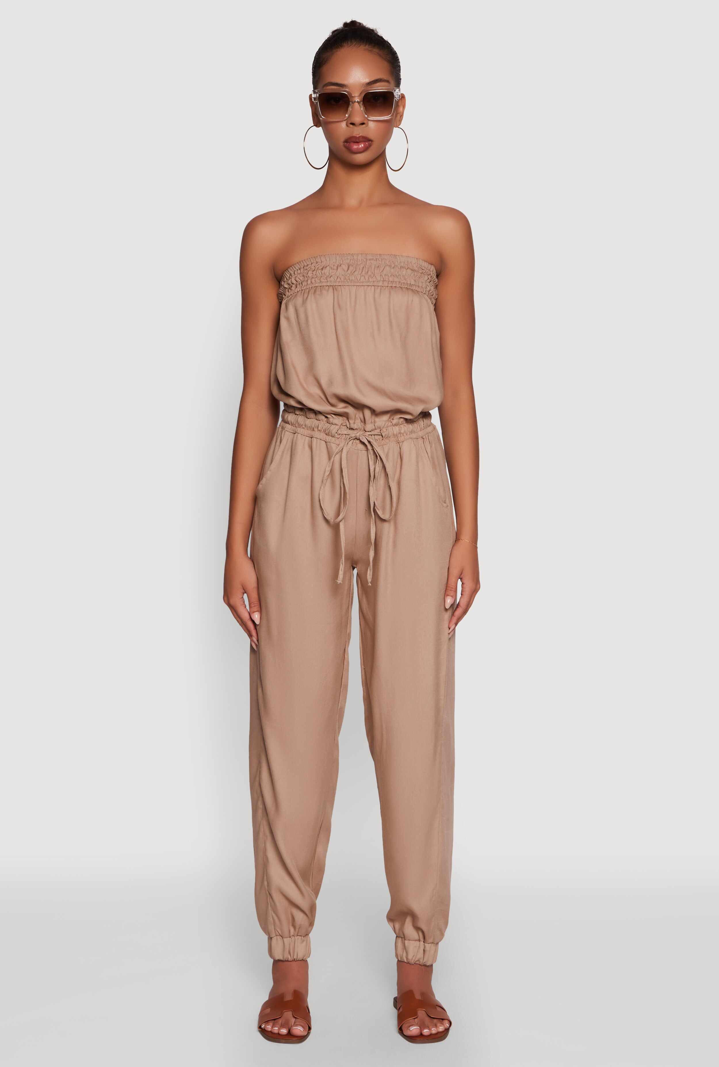 Strapless Smocked Drawstring Waist Jumpsuit